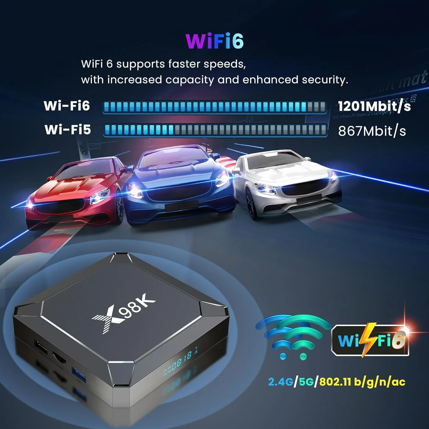 Boîtier TV Android 13.0 Android TV Box X98K 4GB RAM 32GB ROM RK3528A CPU Quad Core Arm Cortex A53 Android Box Support 2.4/5.0GHz WiFi6 BT5.X 4K 100M Ethernet USB 3.0/2.0 TV Box Android