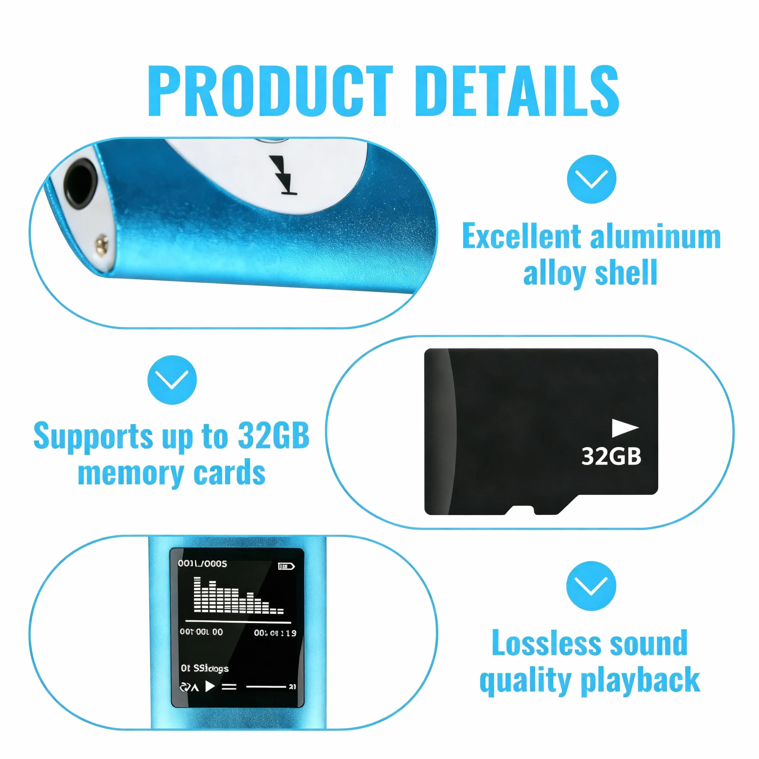 Lecteur de Musique HiFi Portable sans Perte MP3/MP4 avec 1.8 Pouces Écran LCD et Lecteur de Carte Mémoire, 32GB, Bleu