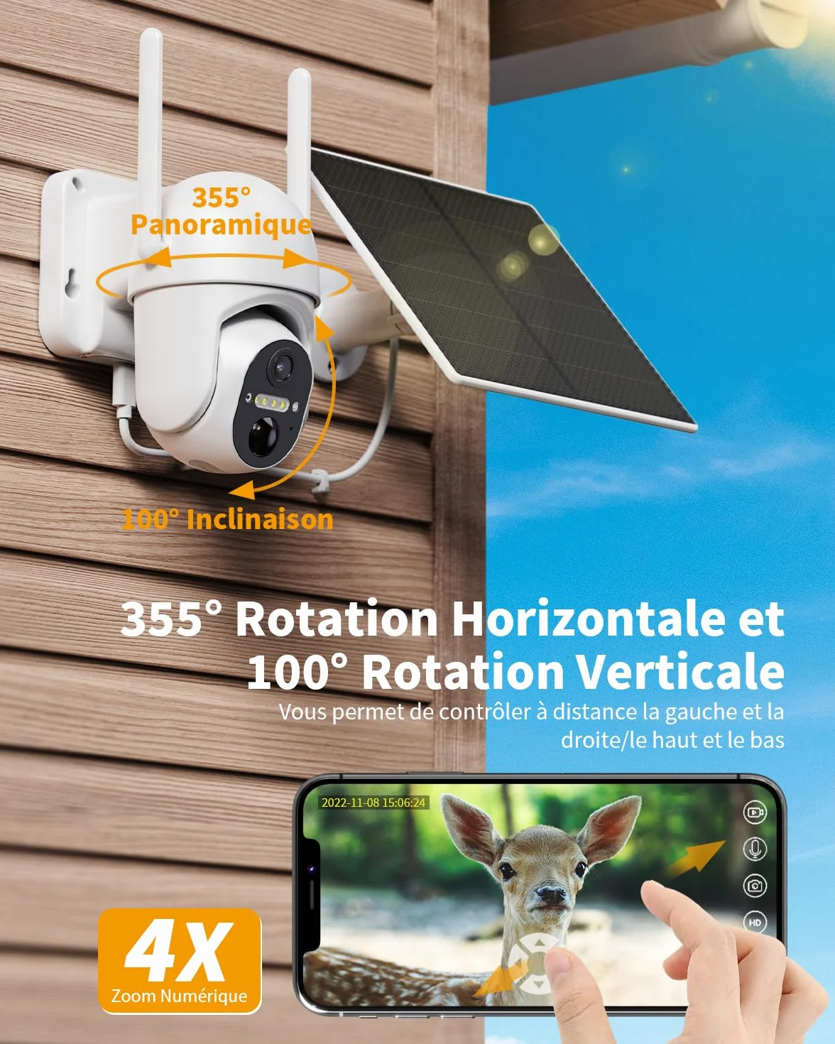 Caméra de Surveillance extérieure 4G LTE- Batterie avec Carte SIM- Caméra PTZ Solaire sans Fil 2K- sans Wi-FI- Pivote à 355°/100°- Vision Nocturne Couleur- Audio- Détection Humaine PIR- IP66