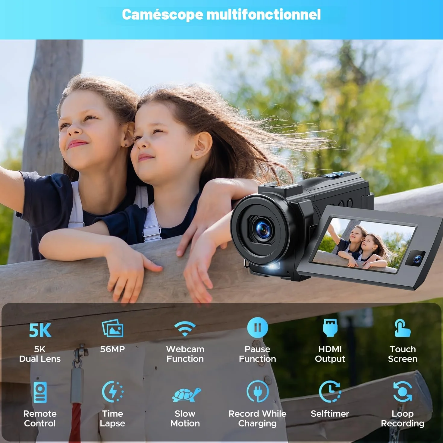 Caméra vidéo 5K 56MP Caméscope Double Objectif, WiFi 16X Youtube Vlog Caméra, 3" Rotatif à 270° Vision Nocturne Video Camera avec 2 Piles,Carte 64 Go,Microphone,trépied