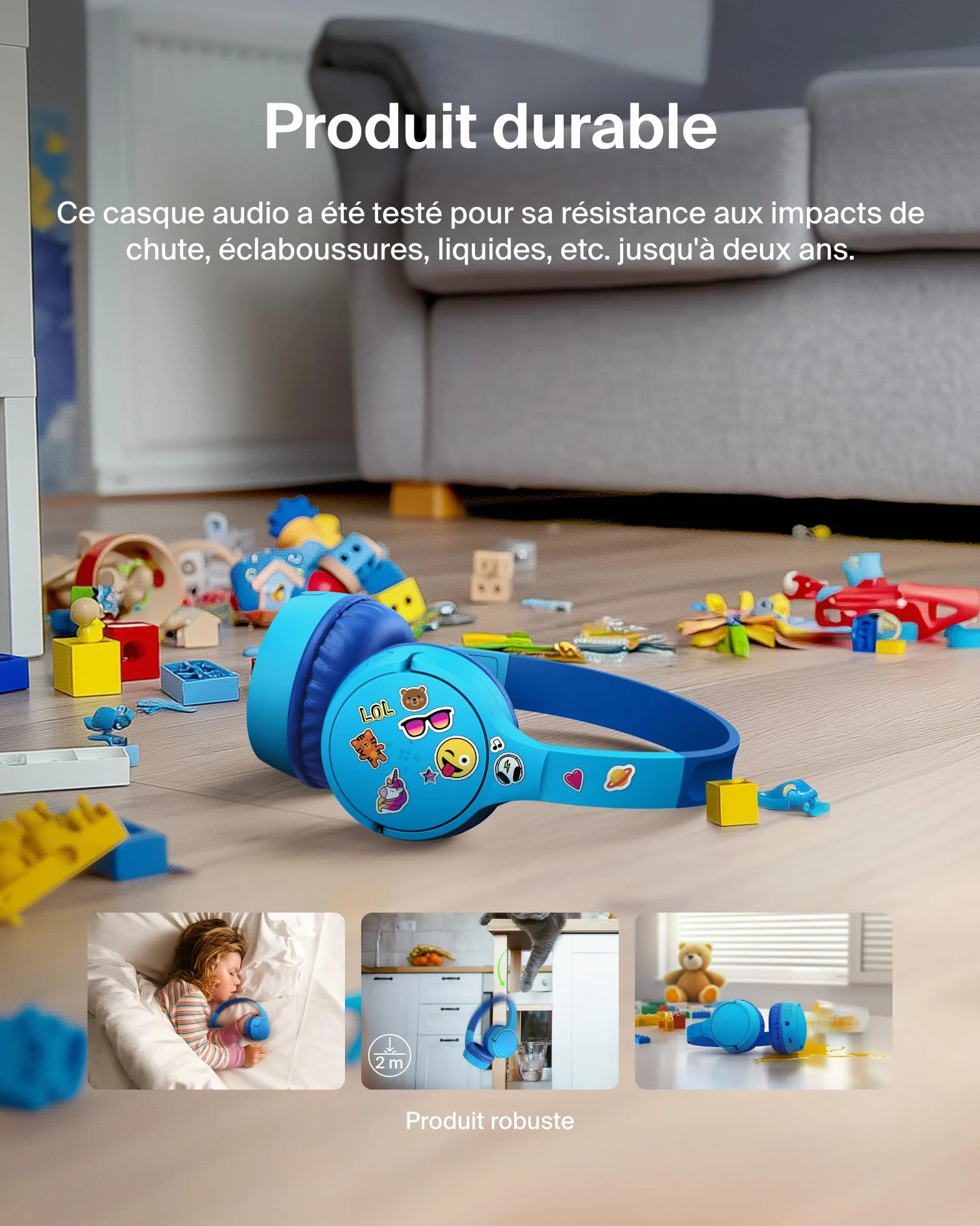 Belkin SoundForm Mini Casque Audio sans Fil pour Enfants avec Micro intégré (Circum-aural, autonomie de 30 h, pour Apprentissage, Voyages, Autocollants Amusants, pour iPhone, iPad, Galaxy) - Bleu