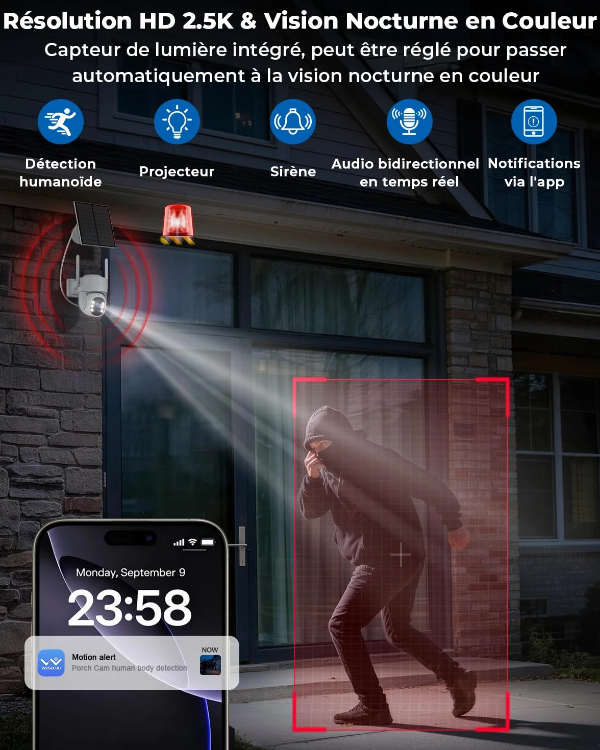 WESECUU Camera Surveillance WiFi Exterieure sans Fil Solaire 2.5K 4MP avec Panneau Solaire 5W, 360° PTZ, IP66