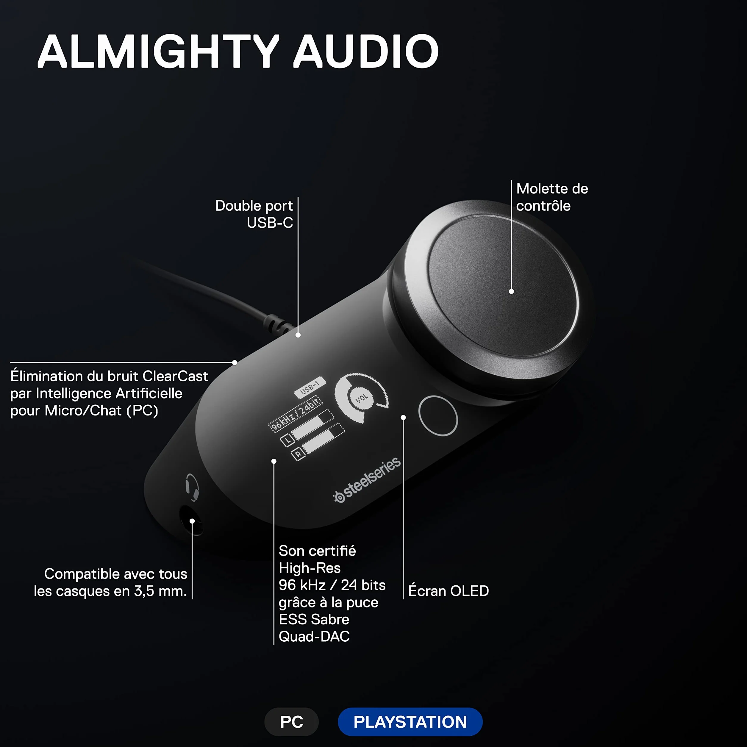 SteelSeries GameDAC Gen 2 Amplificateur Audio Hi-Res - ESS Sabre Quad-DAC - Élimination du Bruit par l’IA - Son Spatial 360° - Certifié Hi-Res - PC, PS5, PS4