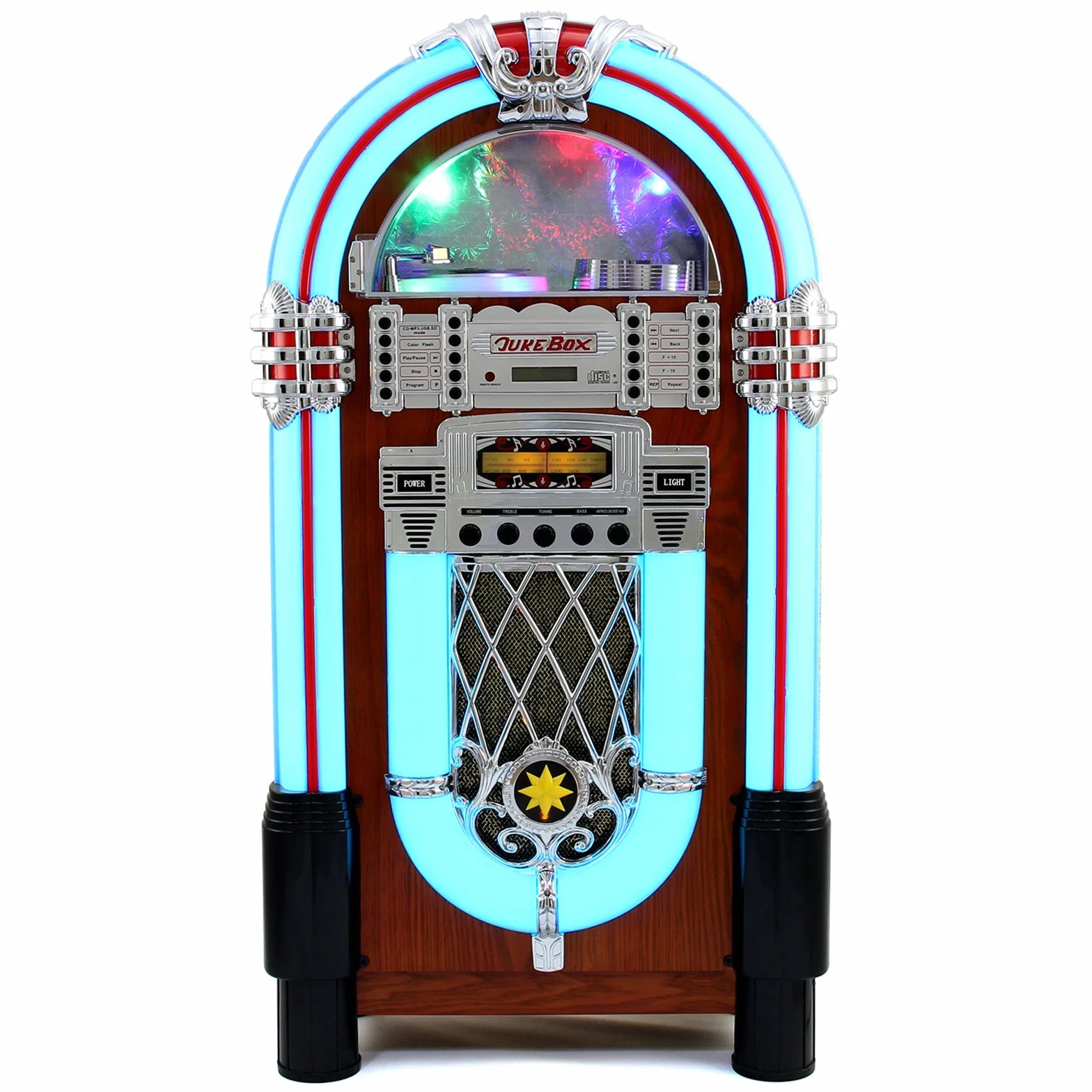 Jukebox Style Rétro Années 50 avec Éclairages LED Couleurs Changeantes, Bluetooth, AUX, Lecteur CD, Radio AM/FM