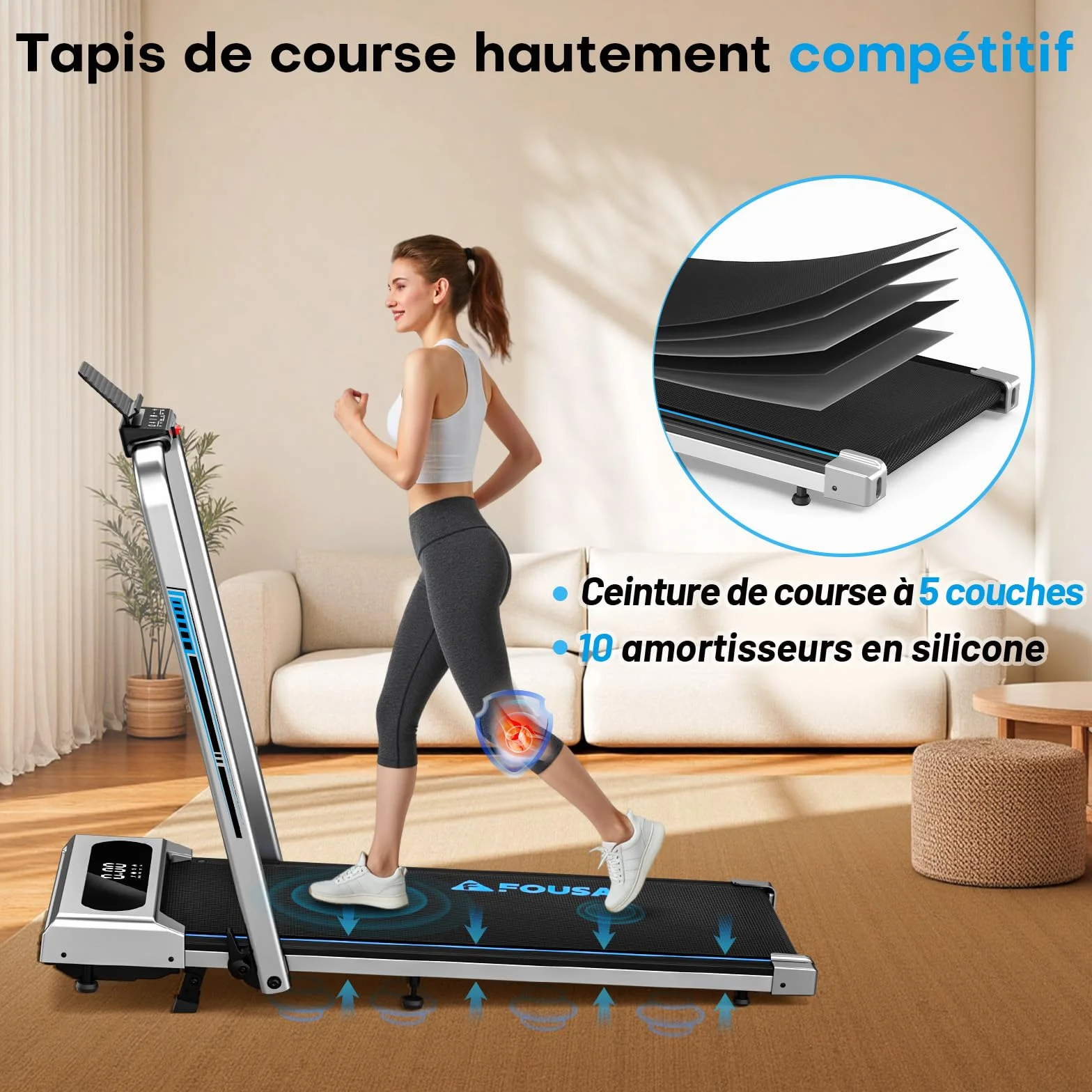 Tapis de Course Pliable FOUSAE 12 Programmes HIIT Inclinable 9% 12 KM/H Moteur 2,75 CV Charge 158kg
