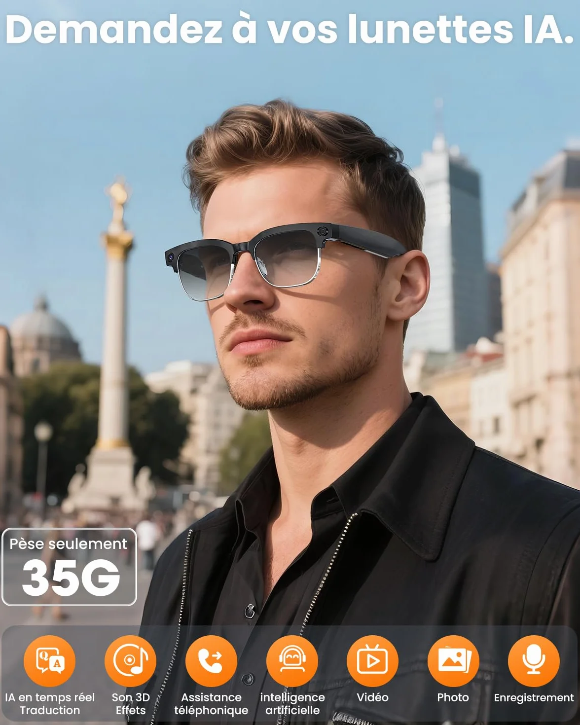 Lunettes intelligentes AI — Caméra 8MP anti-vibration, 290mAh, appel BT, 4K HD (enregistrement vidéo + double mic), IP66, interprétation simultanée/identification GPT (verres anti-lueurs bleues)