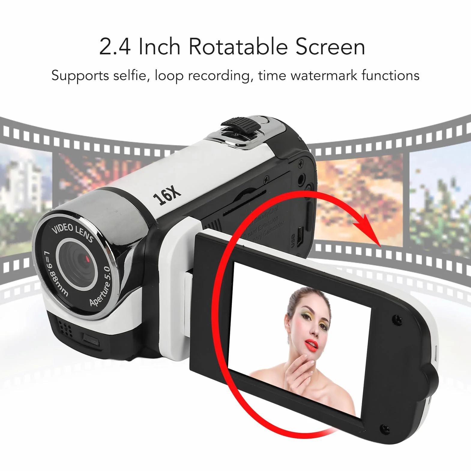 Caméra Numérique Portable 2,4 Pouces 16MP Caméscope HD 16x Zoom avec Lumière de Remplissage