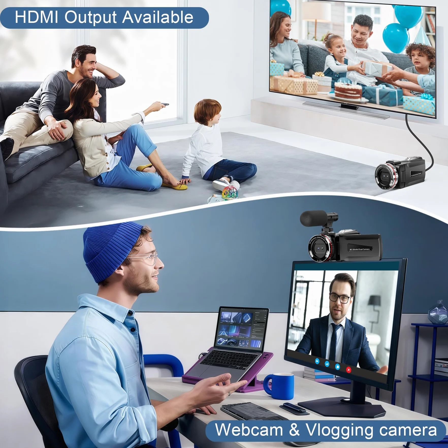 Caméra vidéo 4K 64MP 60FPS Caméscope numérique Vlogging avec stabilisateur, Microphone, Carte SD, 2 Piles, Télécommande