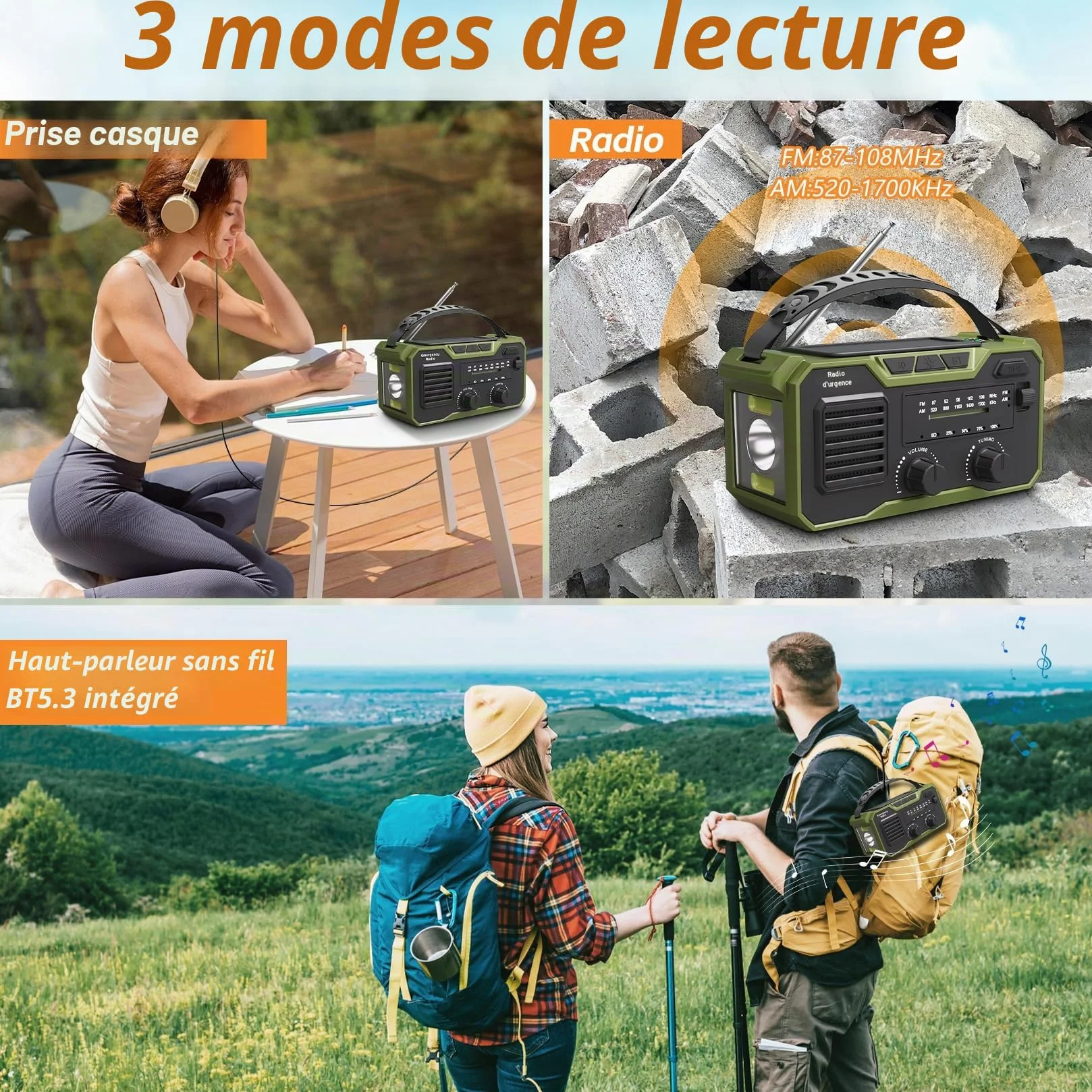 27000mAh Radio Survie FM/AM Solaire Bluetooth 5.3 Alarme SOS Boussole Lampe Dynamo Vert