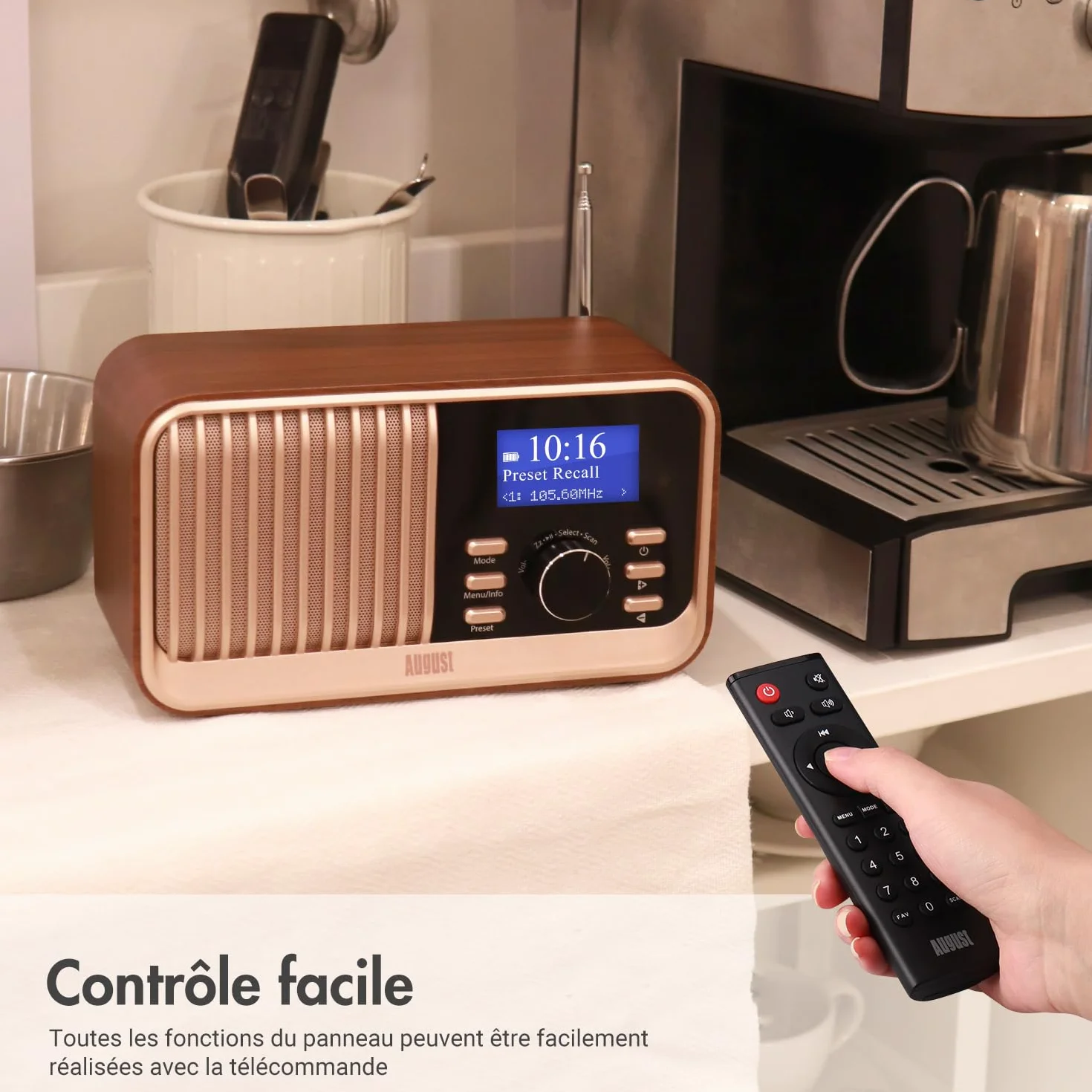 August MB450K - Radio Dab/Dab+/FM Rechargeable Double Réveil, Radio Portable Rétro avec 60 Présélections, Haut-Parleur Bluetooth 5.3, USB/AUX/Carte MicroSD, Autonomie 18H et Télécommande - Chêne