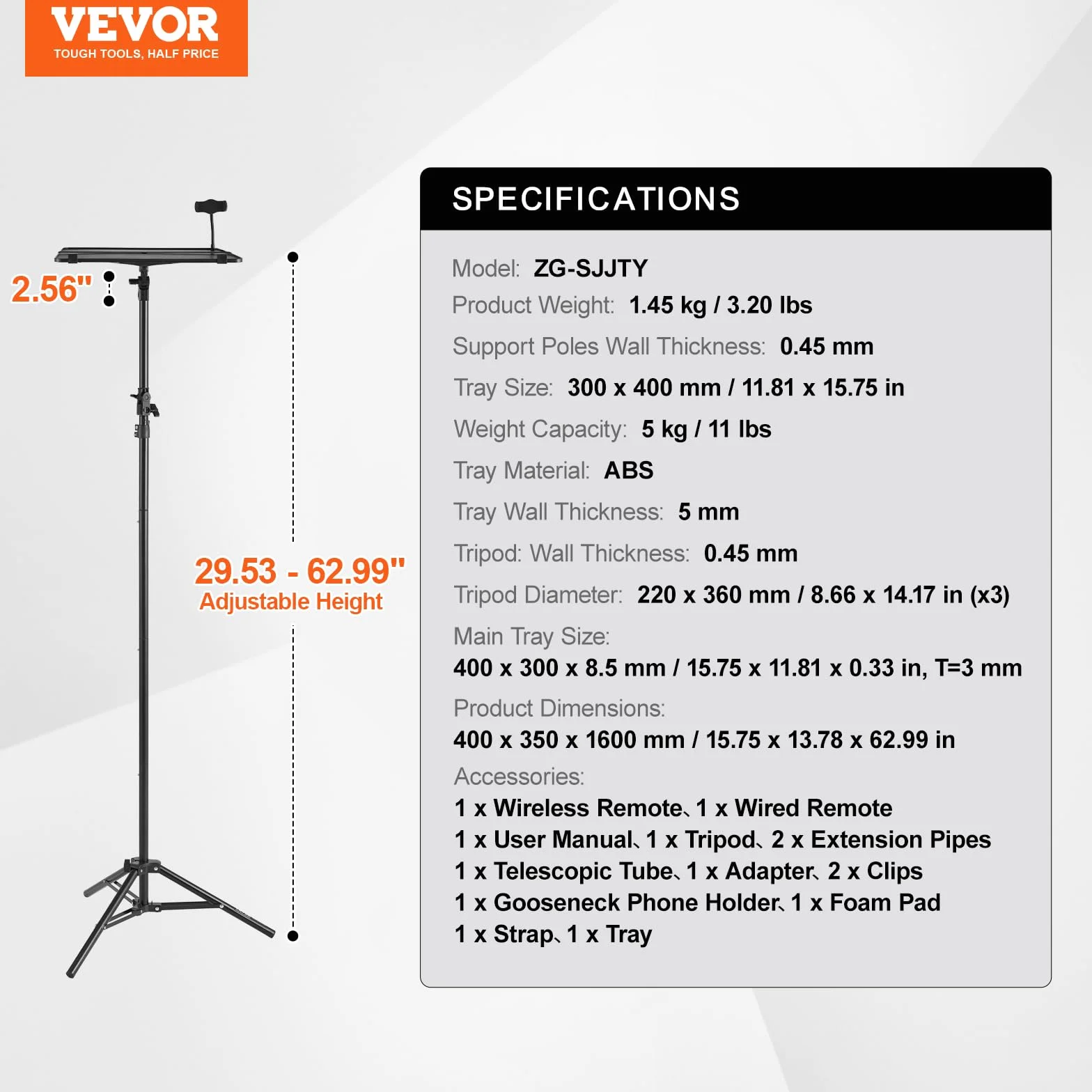 VEVOR Support Trépied Vidéoprojecteur Hauteur Réglable 68,5-160 cm avec Plateau et Support Téléphone