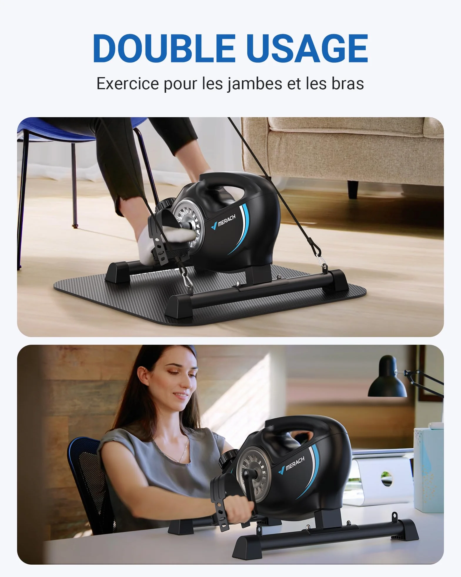 MERACH Pedalier d'Appartement, Mini Velo Bureau avec 2 Bandes de Résistance et Tapis Antidérapant