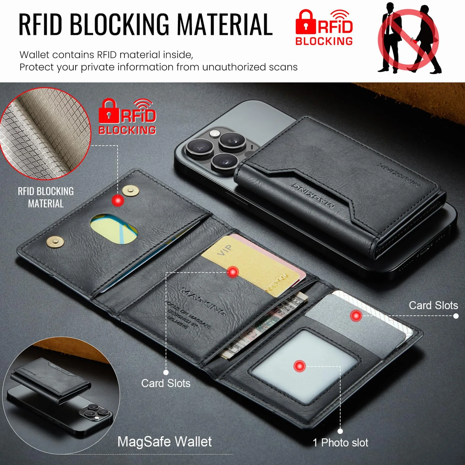Portefeuille Cuir PU RFID 8 Cartes pour iPhone 17/16/15/14/13/12 Marron