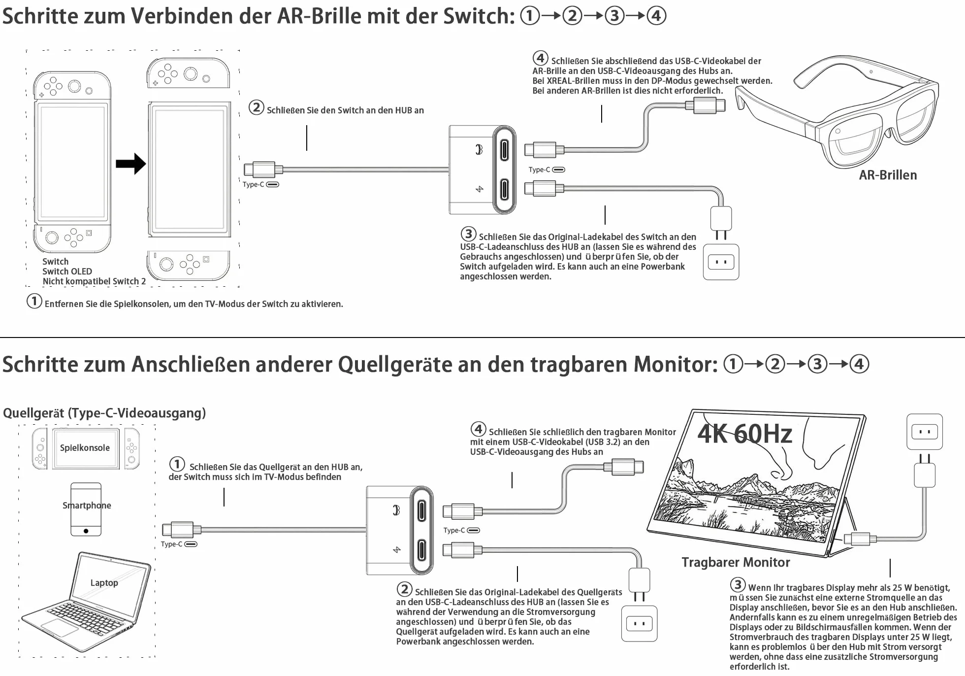 Adaptateur de Lunettes USB-C vers AR, Chargement et Jeu, Compatible avec Charge Rapide PD de 100W pour iPhone 17-15, Switch OLED, Steam Deck&Viture/Rokid/Xreal/RayNeo AR 1080P 120 Hz/4K 60Hz