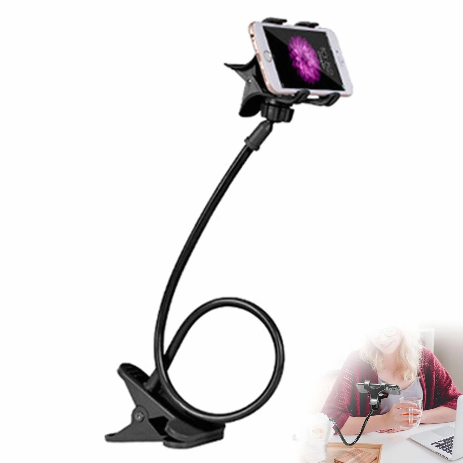 Generisch - Support de Téléphone Portable Flexible pour Bureau, Bras Long, Avec Clip pour Tête de Lit, Table de Chevet, Support Paresseux, Noir, 75 cm