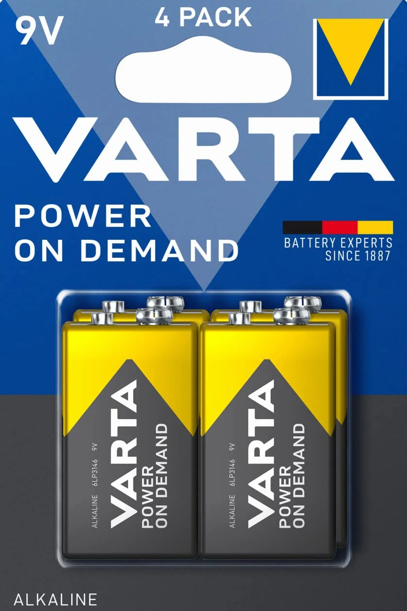 VARTA Piles Bloc 9V, lot de 4, Power on Demand, Alcalines, pack de stockage, intelligentes, flexibles, puissantes, pour détecteurs de fumée, alarmes incendie [Exclusif sur Amazon]