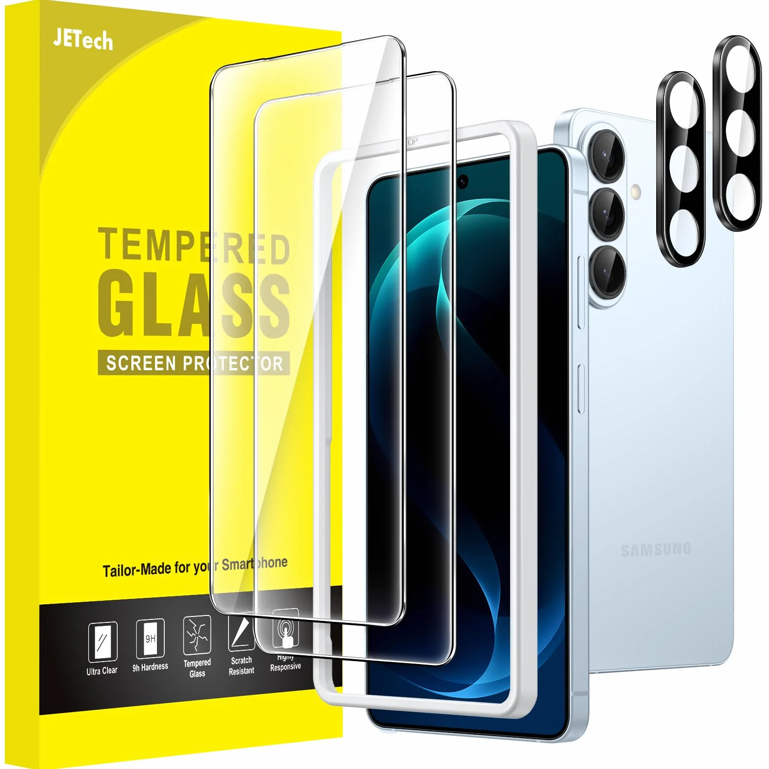 JETech Protection D'écran pour Samsung Galaxy S26 avec Protecteur d'Objectif de Caméra, Film en Verre Trempé 9H, Fingerprint ID Compatible, HD Transparent, 2 Pièces Chacun