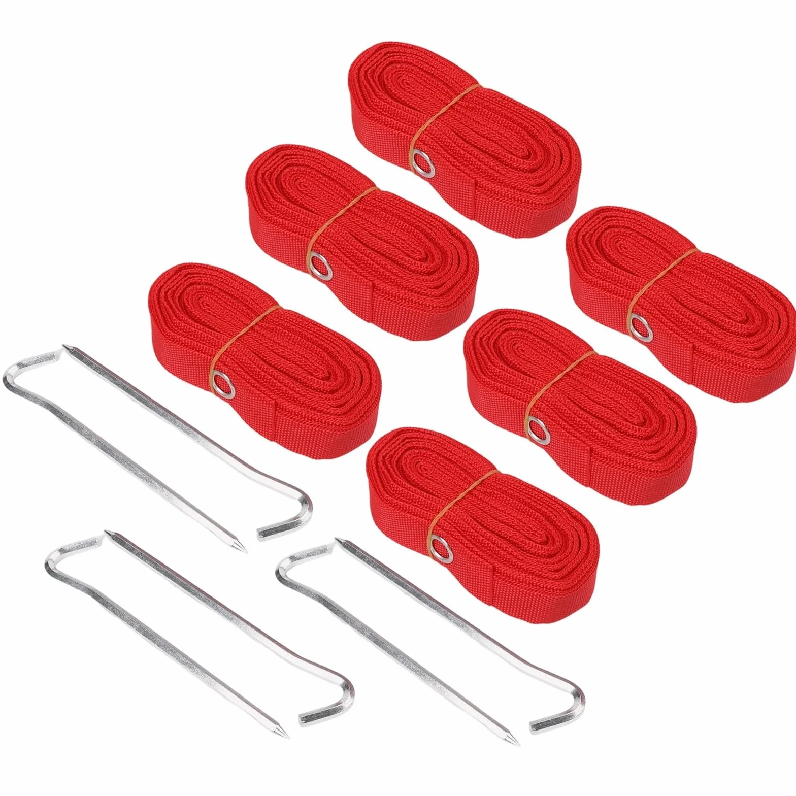 Lot 6 bandes délimitation terrain nylon 8x16 m piquets cordes rouges 2,5 cm large jeux plein air