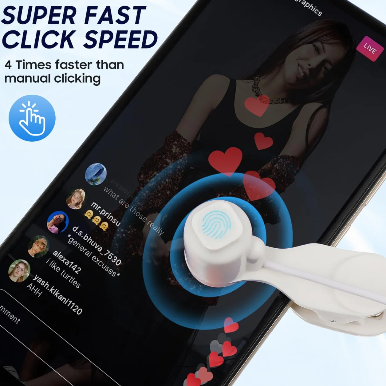 jojofuny Clicker d'écran automatique pour téléphone : clicker d'écran USB pour téléphone portable pour diffusion en direct – Applicateur automatique universel de clic de doigt pour les jeux, le