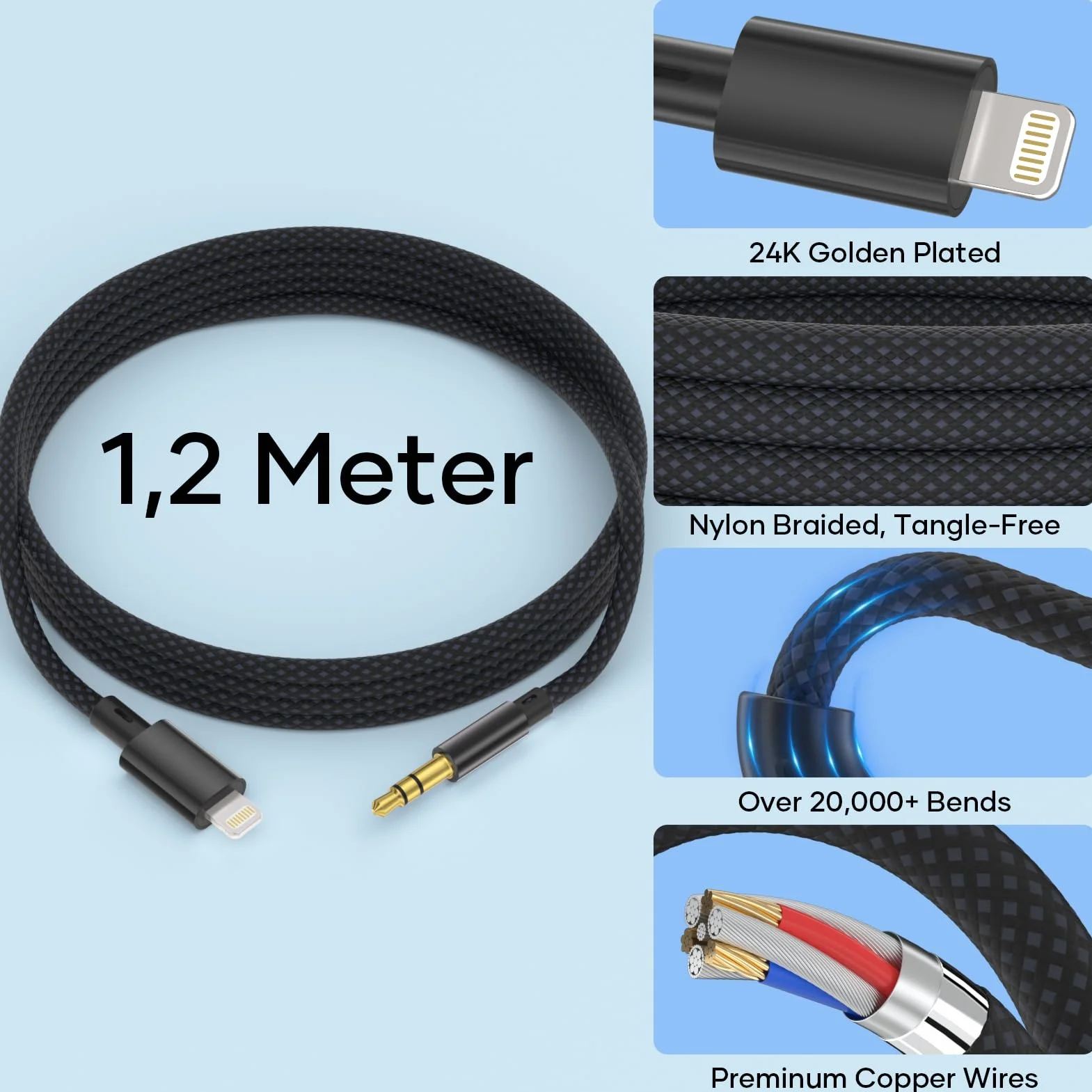 Cable Jack i Phone 1,2M Cable i Phone Jack 3.5mm Aux [Certifié MFi] Lightning Audio Câble Auxiliaire Voiture Compatible avec iPhone 14/13/12/11 pour Autoradio/Casque/Enceinte, Noir