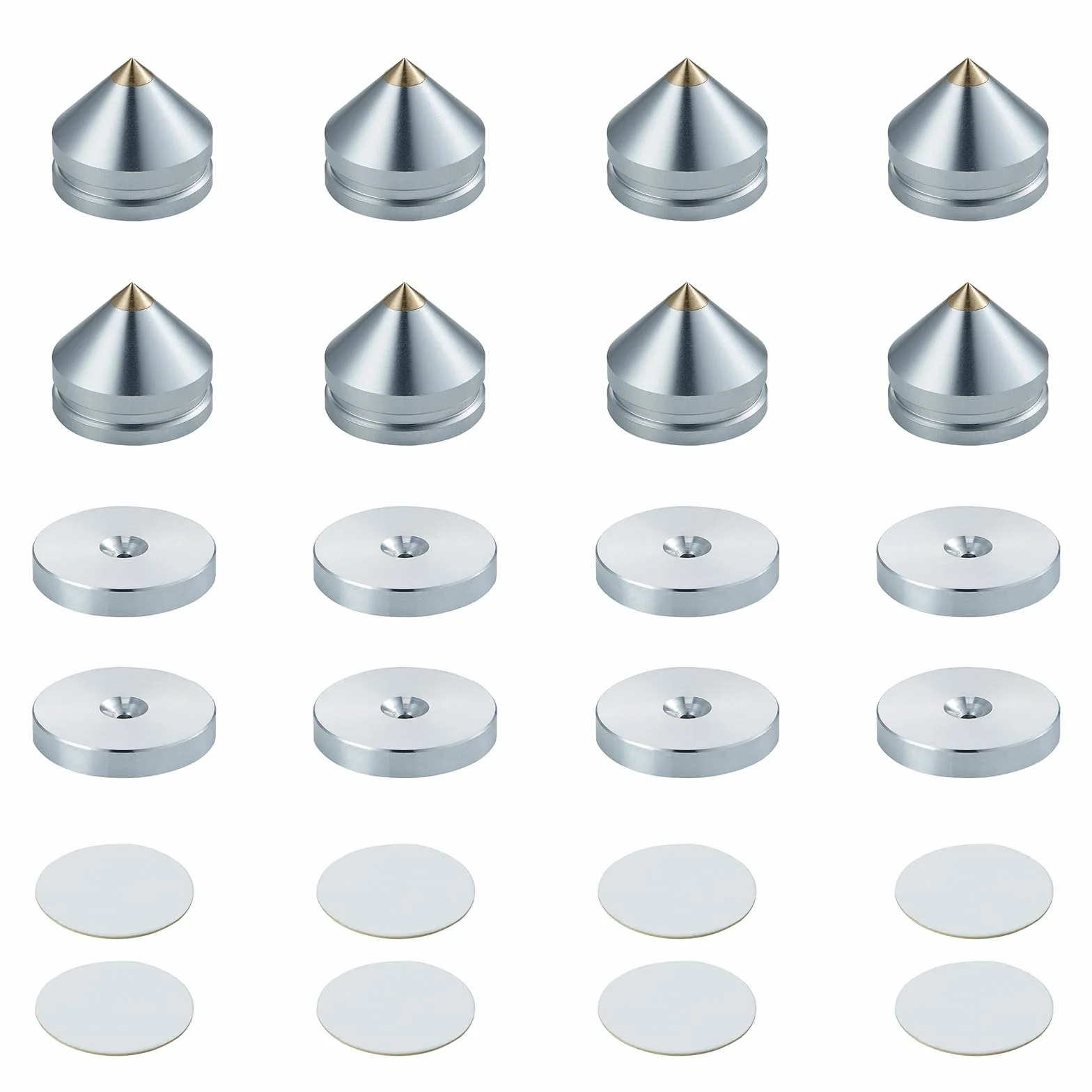 Haut-Parleur Pointes de Découplage, 8 Pièces Pieds Enceintes HiFi avec Base Pad Tapis, 16 Pièces Tampons adhésifs, Support pour Lecteur CD, DVD, Audio Isolation, Argent
