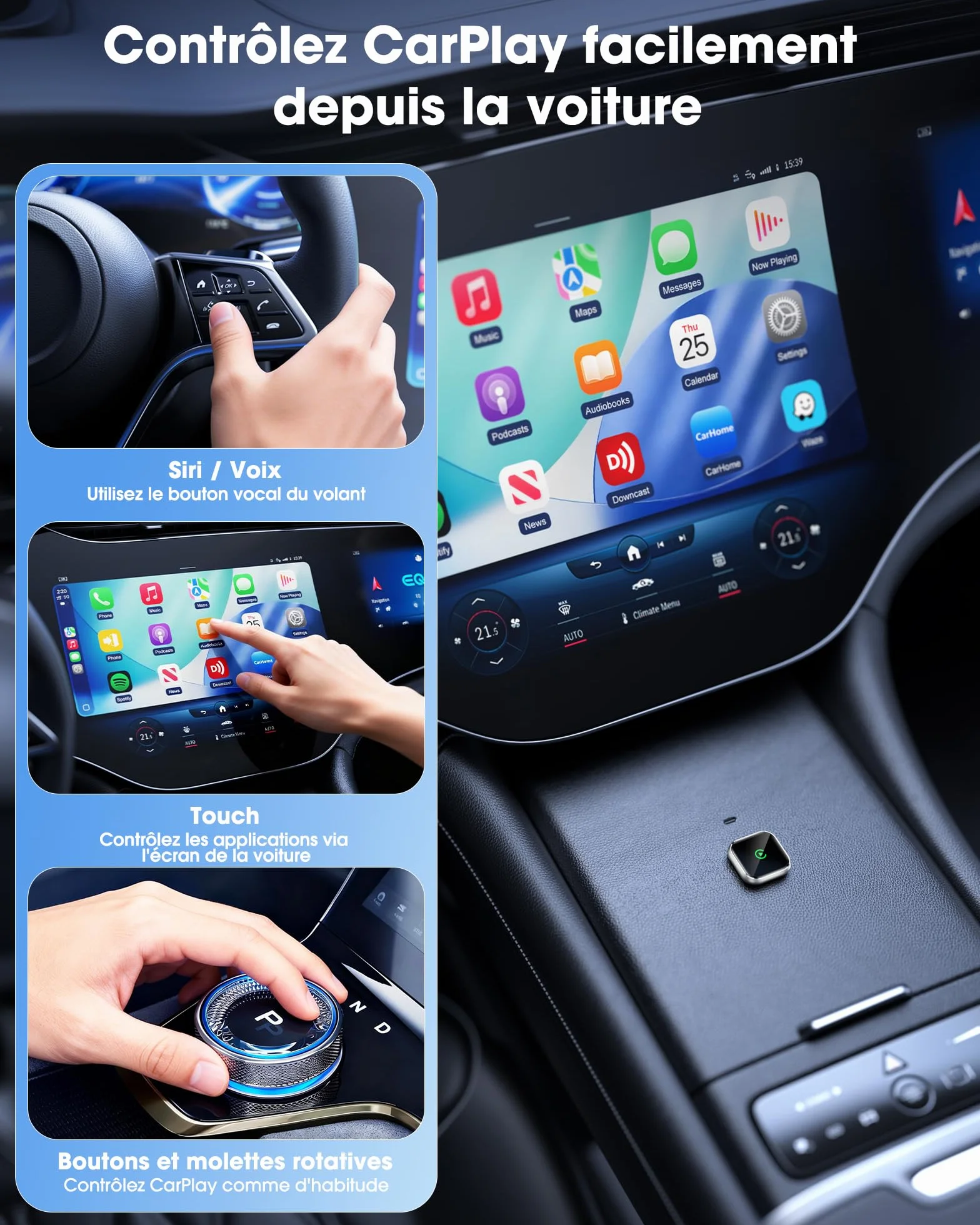 Boîtier CarPlay sans Fil pour GPS Portable pour Voiture – pour écran monté sur Tableau de Bord, convertit CarPlay Filaire en sans Fil, Compatible système d’Origine (2016+) Uniquement pour iPhone