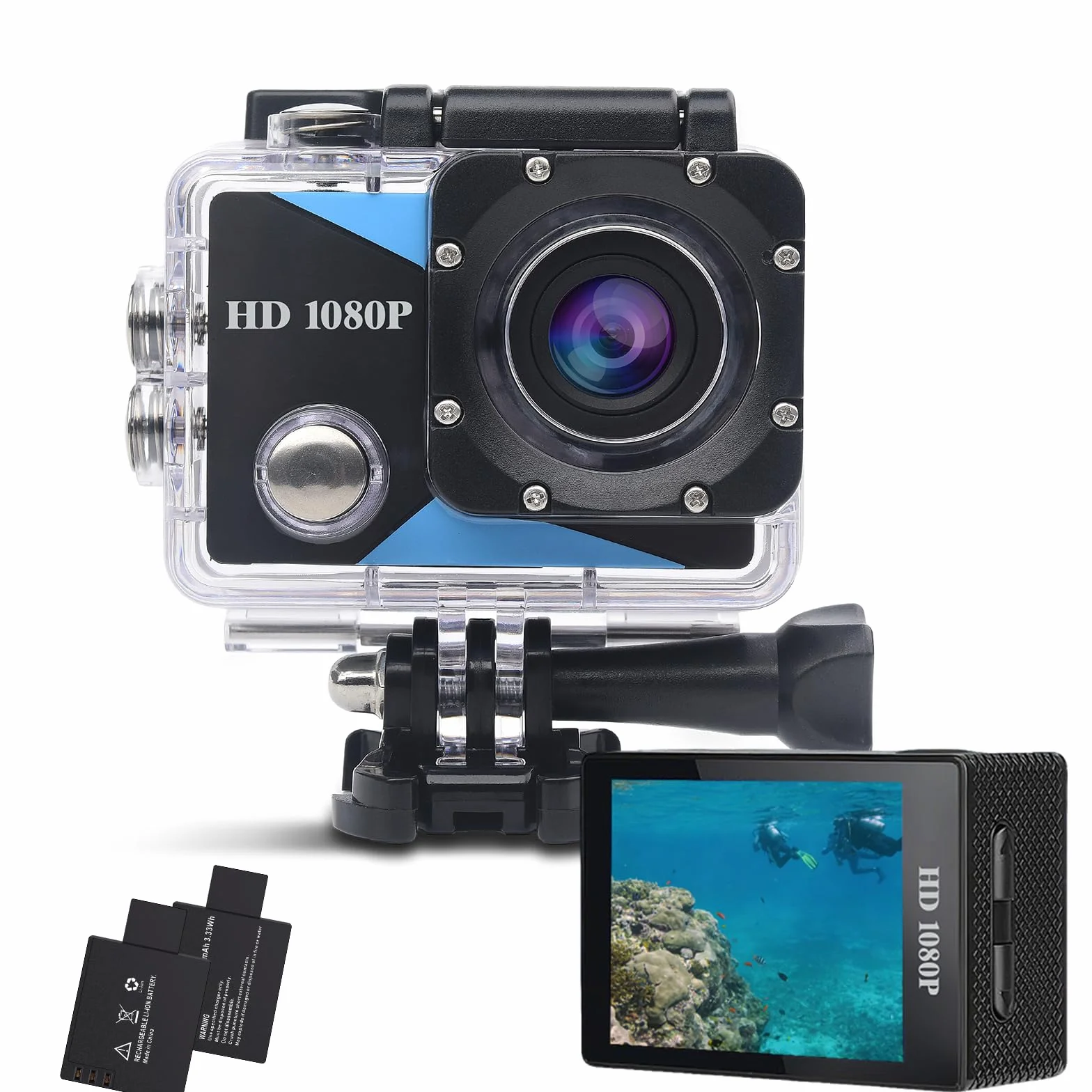 Caméra Sport 1080P 12MP 2" Écran LCD Étanche 30M avec Batteries et Accessoires Vélo