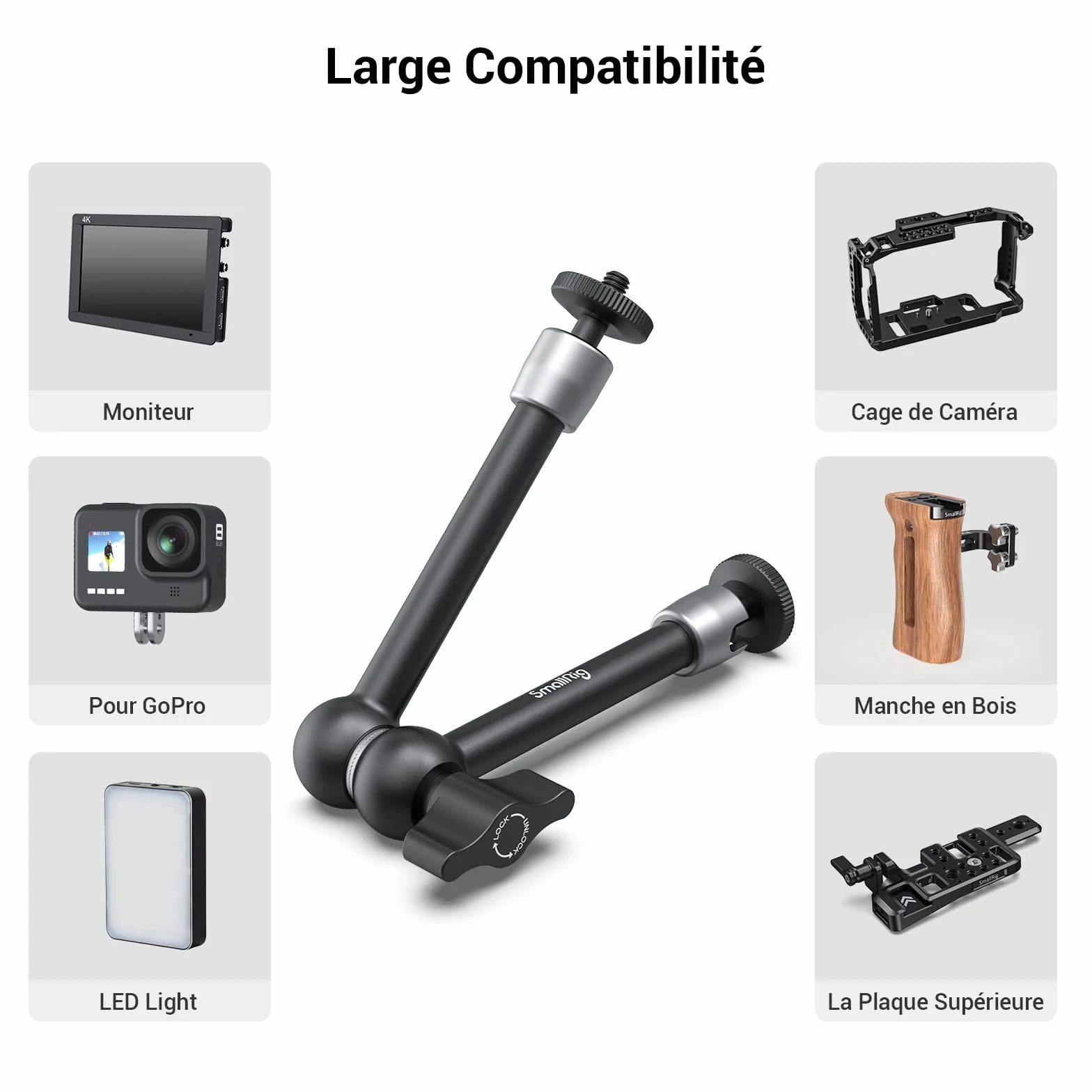 (Version Mise à Jour) SMALLRIG Bras Articule Magic Arm 10 Pouces Bras de Friction Reglable pour Moniteur LCD LED Light Caméra DSLR Rig - 2066B