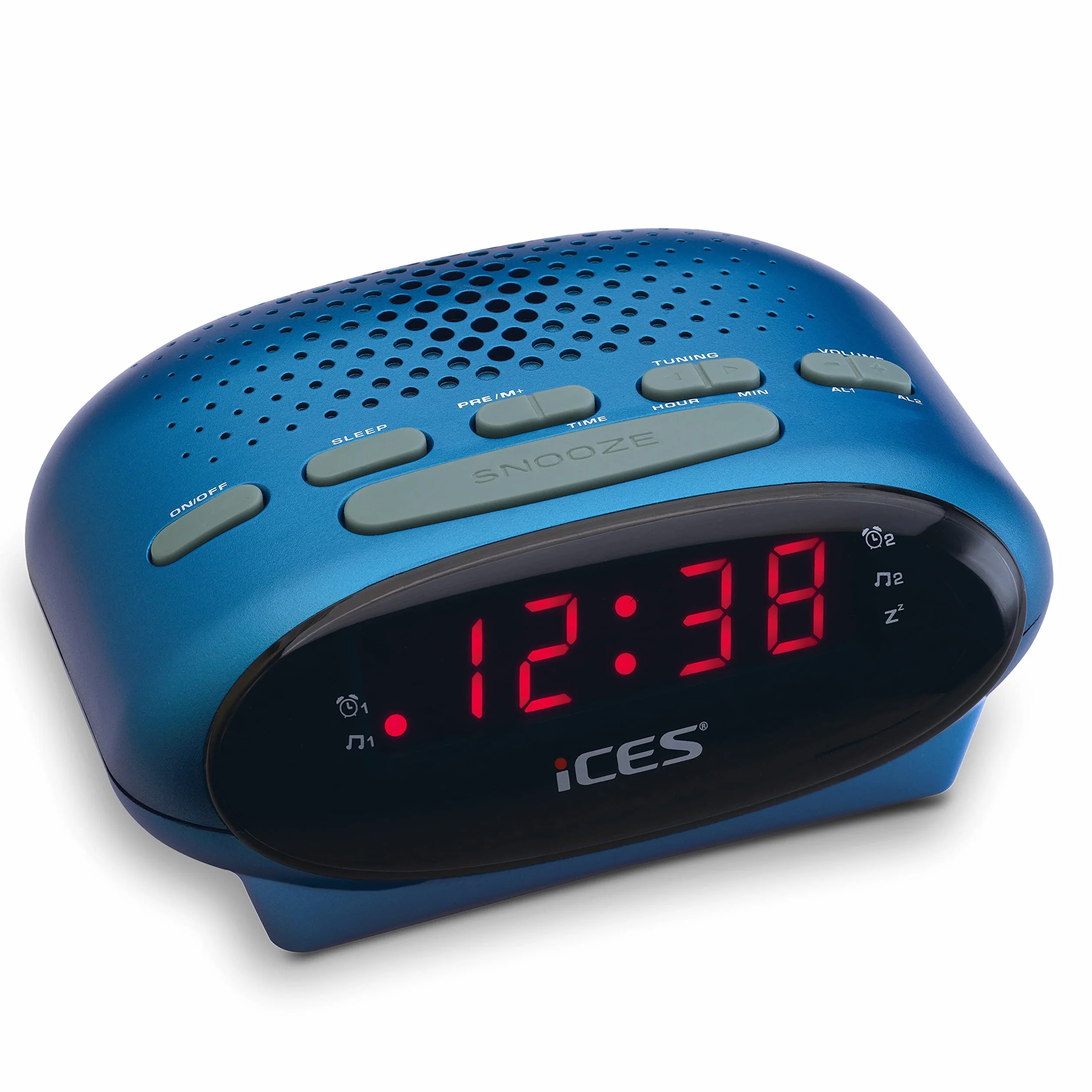 Lenco ICES ICR-210BU Reveil, Radio Réveil - FM, Tuner PLL-FM, Haut-parleurs intégrés, Radio-réveil, écran LED, Double Alarme, Fonction Snooze, Bleu
