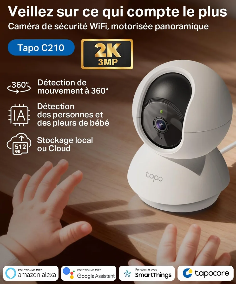 Tapo C210 Caméra WiFi Intérieure 2K 3MP, Rotation 360°, Détection de Personne, Vision Nocturne, Audio Bidirectionnel, Stockage CloudµSD 512 Go, Alexa