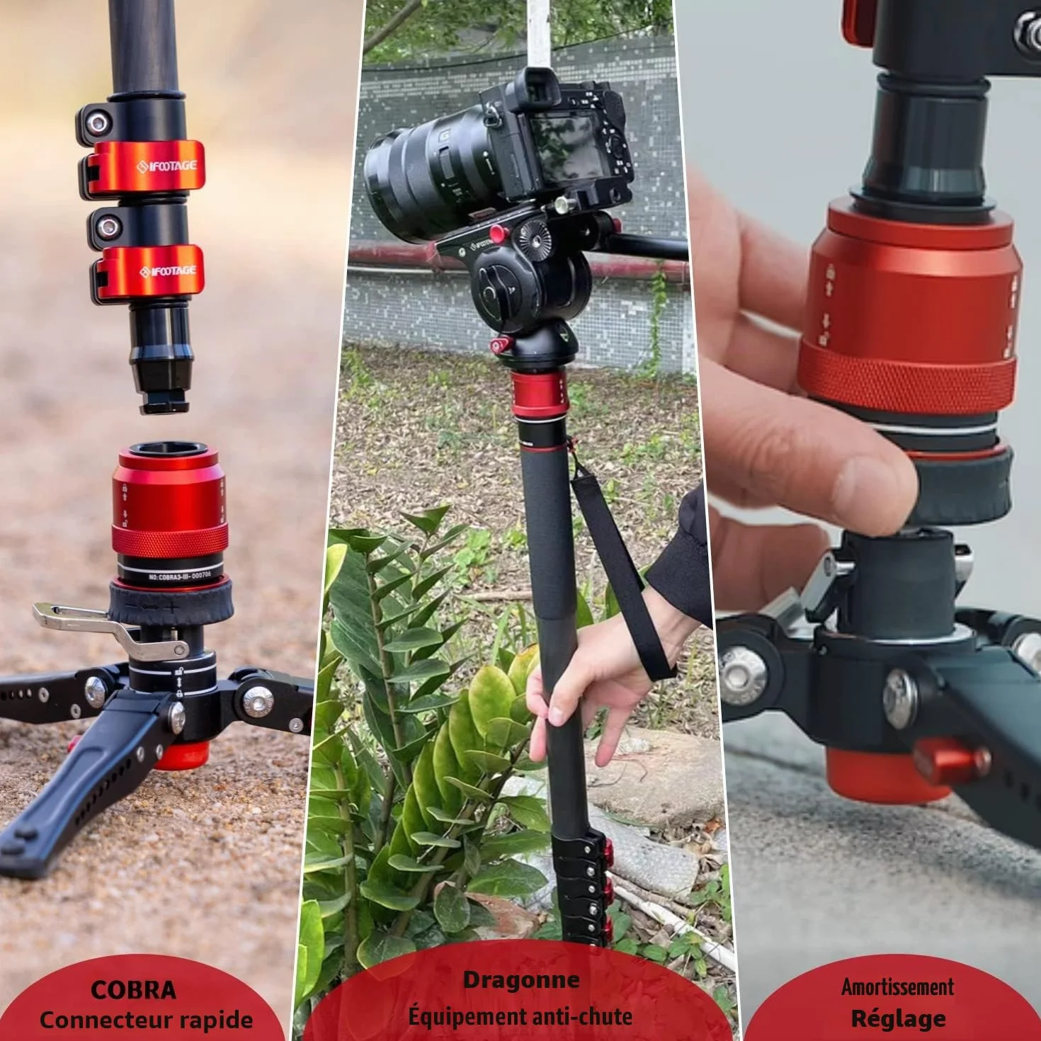 IFOOTAGE Cobra 3 C180F-P+K5S Monopode d'Appareil Photo, Monopode Vidéo, Tête Fluide Vidéo, Tête Panoramique Fluide en Aluminium pour Appareils Photo Reflex et Caméscopes