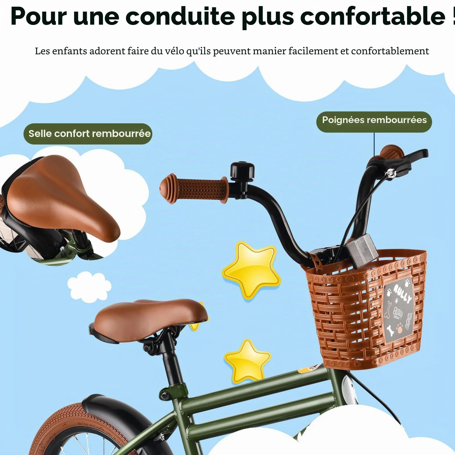 RULLY Vélo enfant 12-16 pouces avec roues stabilisatrices frein à rétropédalage frein à main panier
