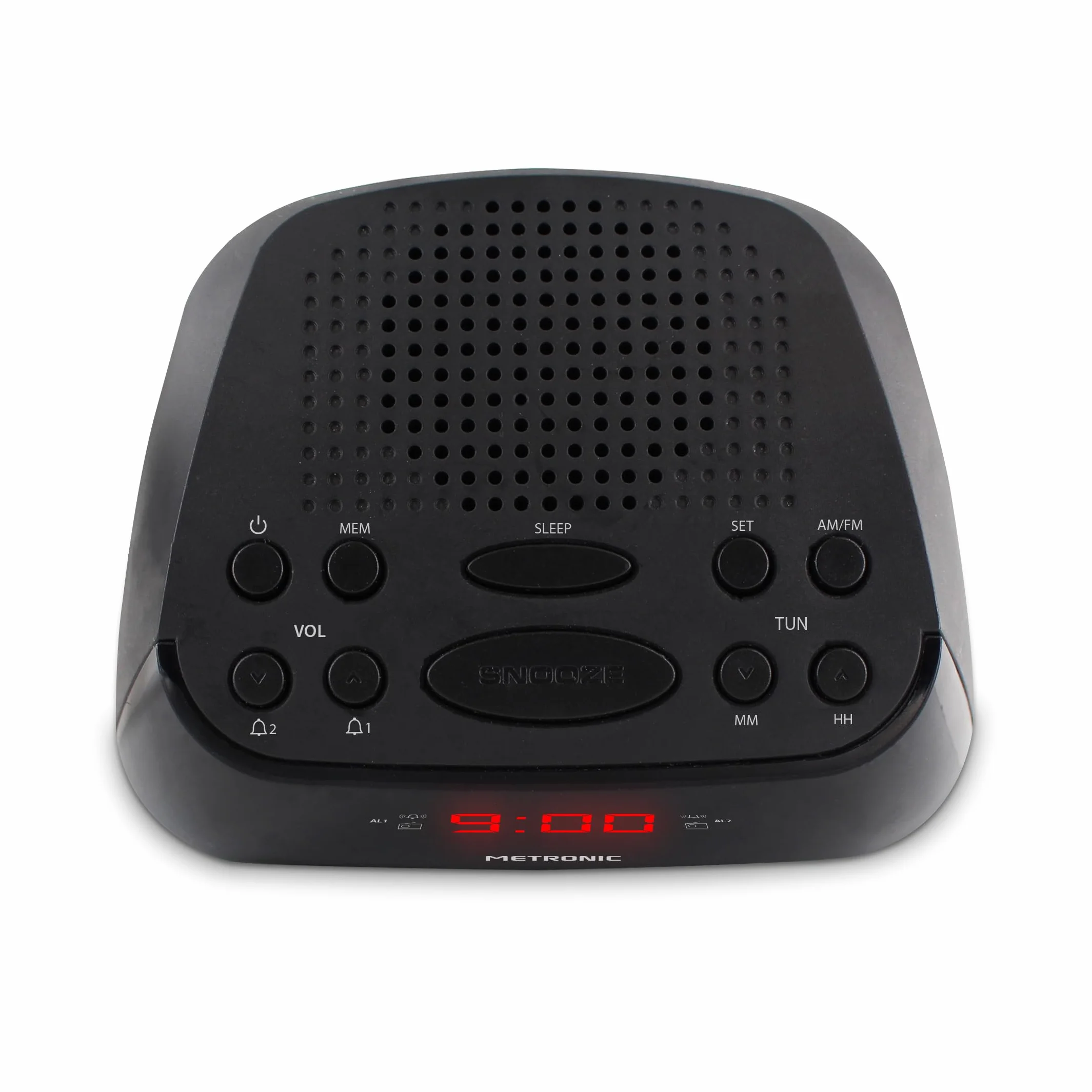 METRONIC 477003 Radio-Réveil FM Double Alarme (Programmable Radio FM ou Buzzer) avec Grand Ecran Affichage Rouge, Fonction Snooze, Alimentation Secteur + Sauvegarde Piles, Simple d'Utilisation - Noir