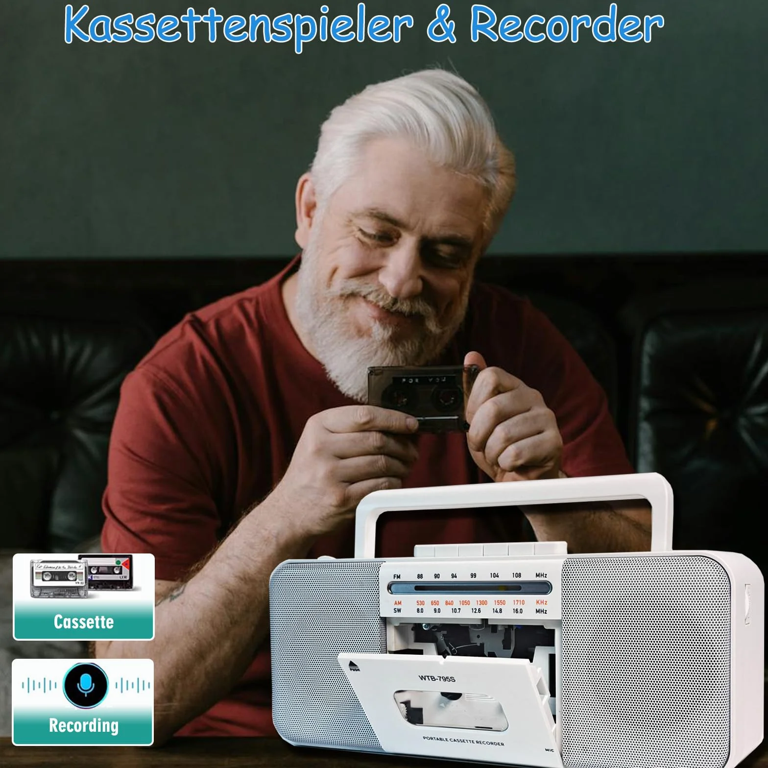 Lecteur cassette Boomboxe Bluetooth, enregistreur AM/FM/W, convertisseur cassette MP3, haut-parleur 10"