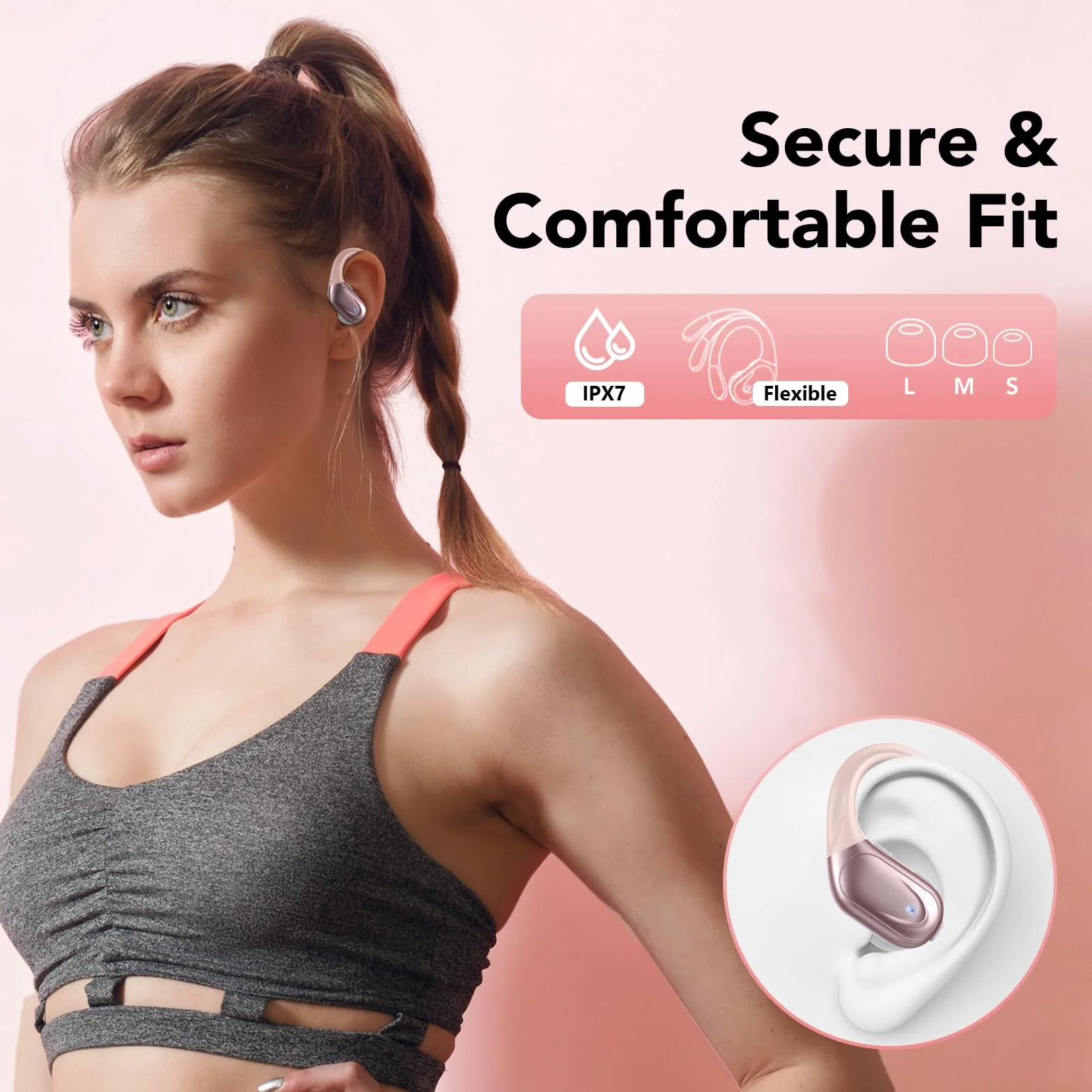 CASCHO Ecouteurs Bluetooth sans Fil, Casque Bluetooth 5.3, 60 Heures avec Affichage LED, Appel ENC HD, Basses Profondes, Ajustement Confortable, IPX7 Étanche Casque Sport(Or Rose).