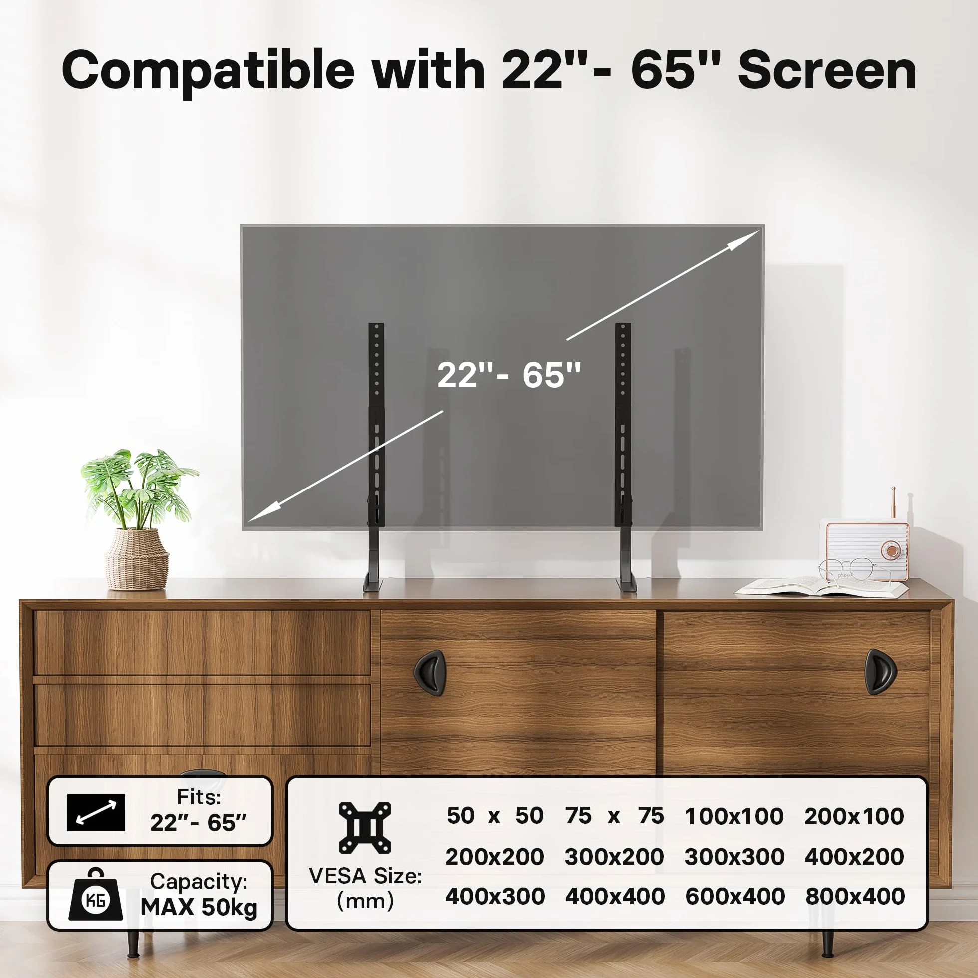 BONTEC Support TV sur Pied pour Téléviseurs 22-65 Pouces, Pied TV Universel avec Hauteur Ajustable, Capacité de Charge 50kg, Design Stable et Durable, Max. VESA 800x400mm