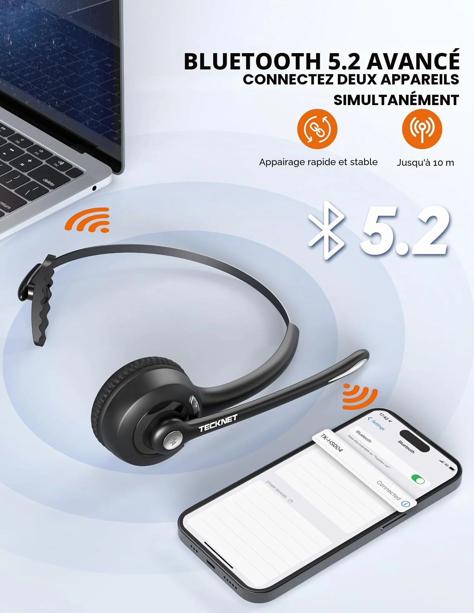 TECKNET Casque Bluetooth sans Fil avec Microphone Antibruit Mains Libres