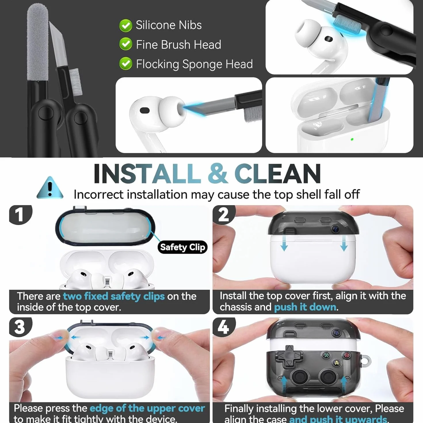 Étui rigide transparent RFUNGUANGO pour AirPods Pro 3 avec verrou et kit de nettoyage