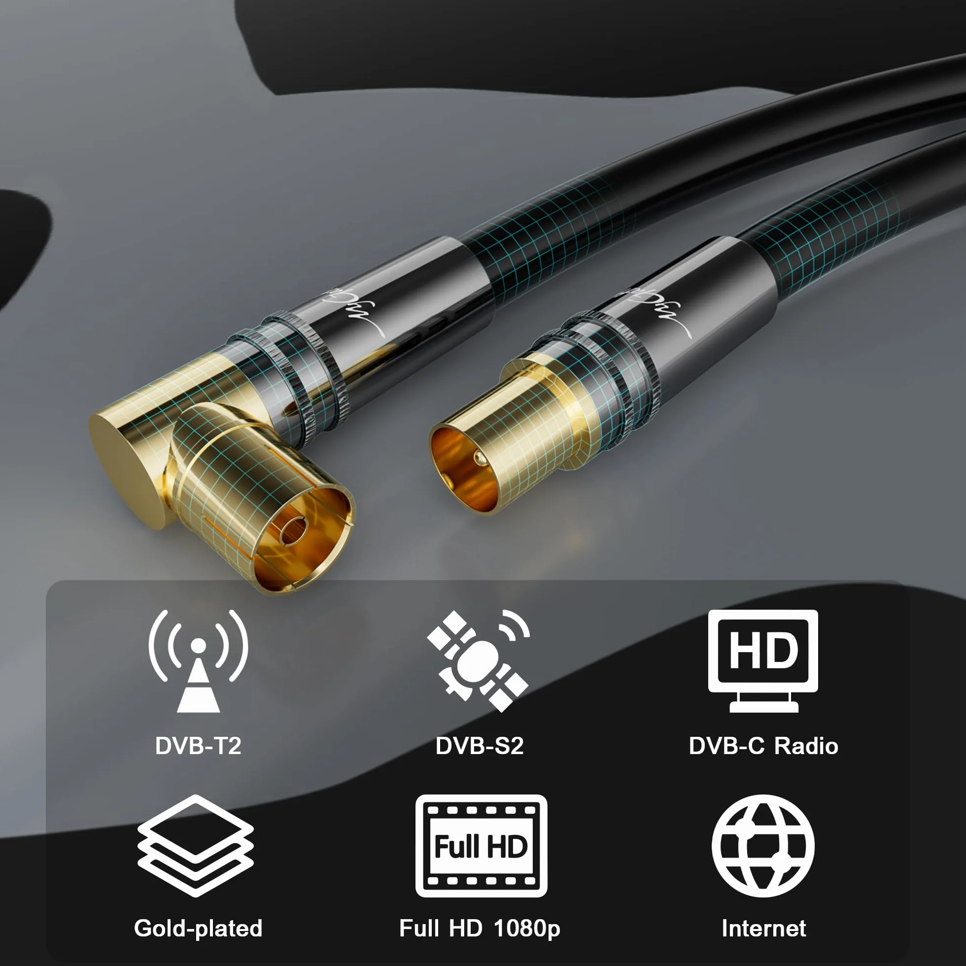 Câble d'antenne 3 mètres RG6 4K coudé(90°Degrés)/droit,câble satellite,câble TV Coaxial HD-75 Ohm IEC-Connecteurs métalliques robustes plaqués or,Noir,avec 5 attaches