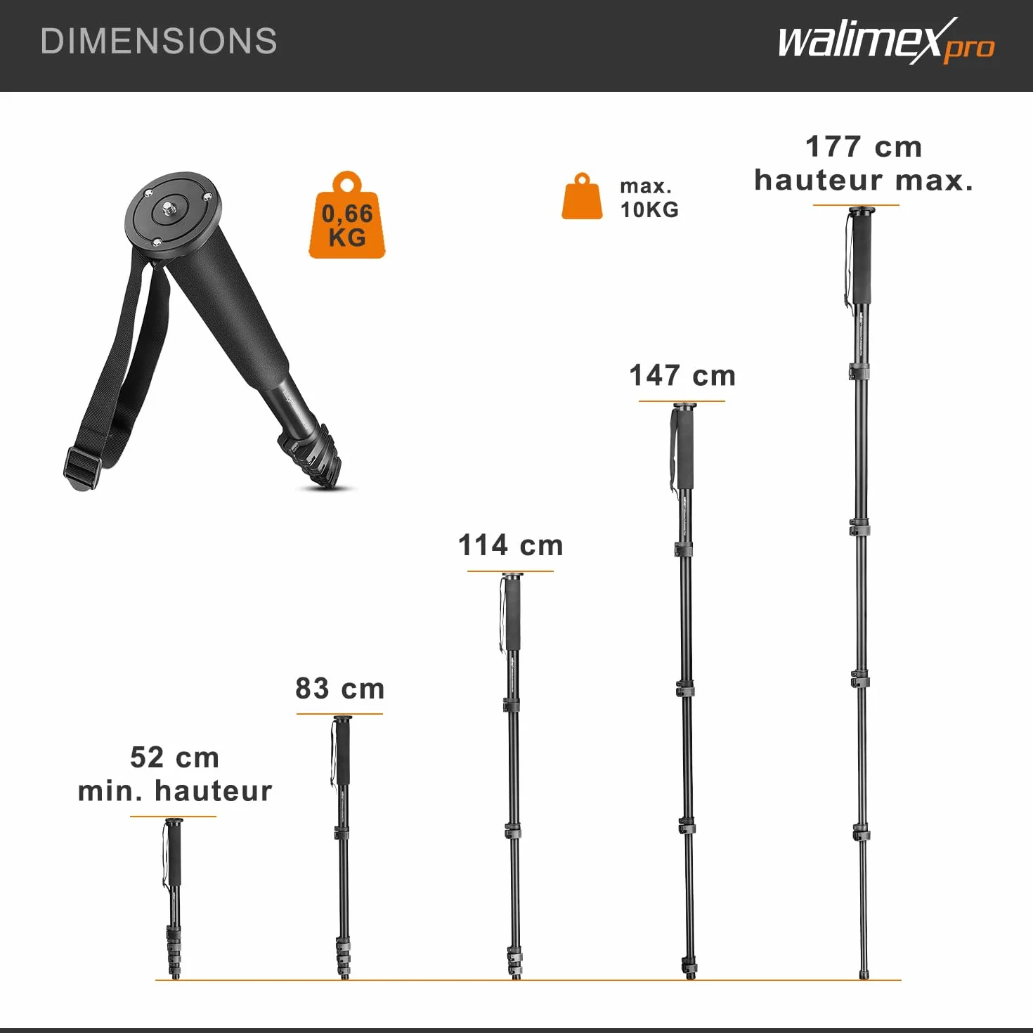 Walimex Monopied en aluminium FT-1502 (hauteur max. 177 cm, incl. dragonne et sac de transport)