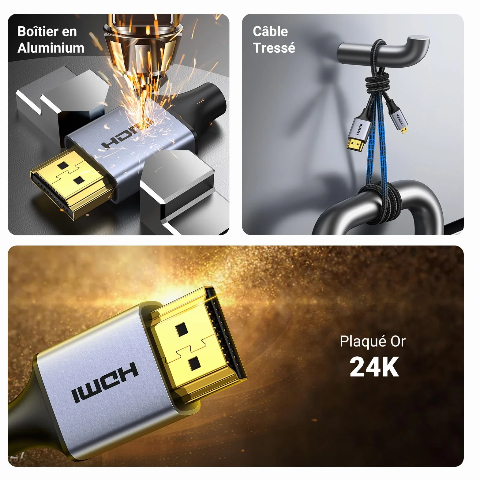 UGREEN Câble Micro HDMI vers HDMI 4K 60Hz Câble Mâle vers Mâle Micro HDMI2.0 Nylon Tressé 3D ARC HDR Compatible avec Asus Zenbook Huawei MediaPad Raspberry Pi 4 Hero 7 6 5 Moniteur Caméra (1M)