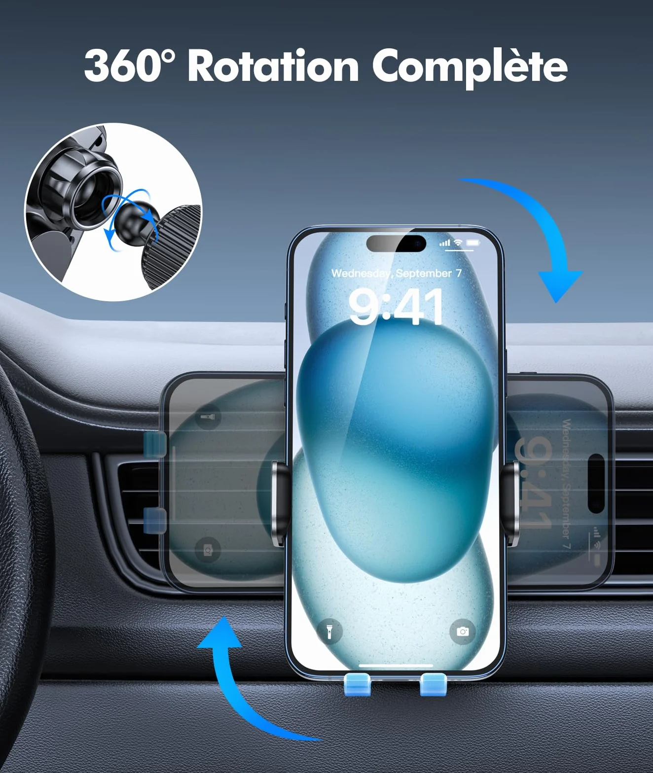 EOIWUY Support Telephone Voiture Induction, 15W Chargeur Induction Voiture Rapide sans Fil 【Serrage Automatique & Rotation 360°】 Compatible avec iPhone 17 Pro Max 16/15/14/13, Galaxy S24/S23/S22, etc