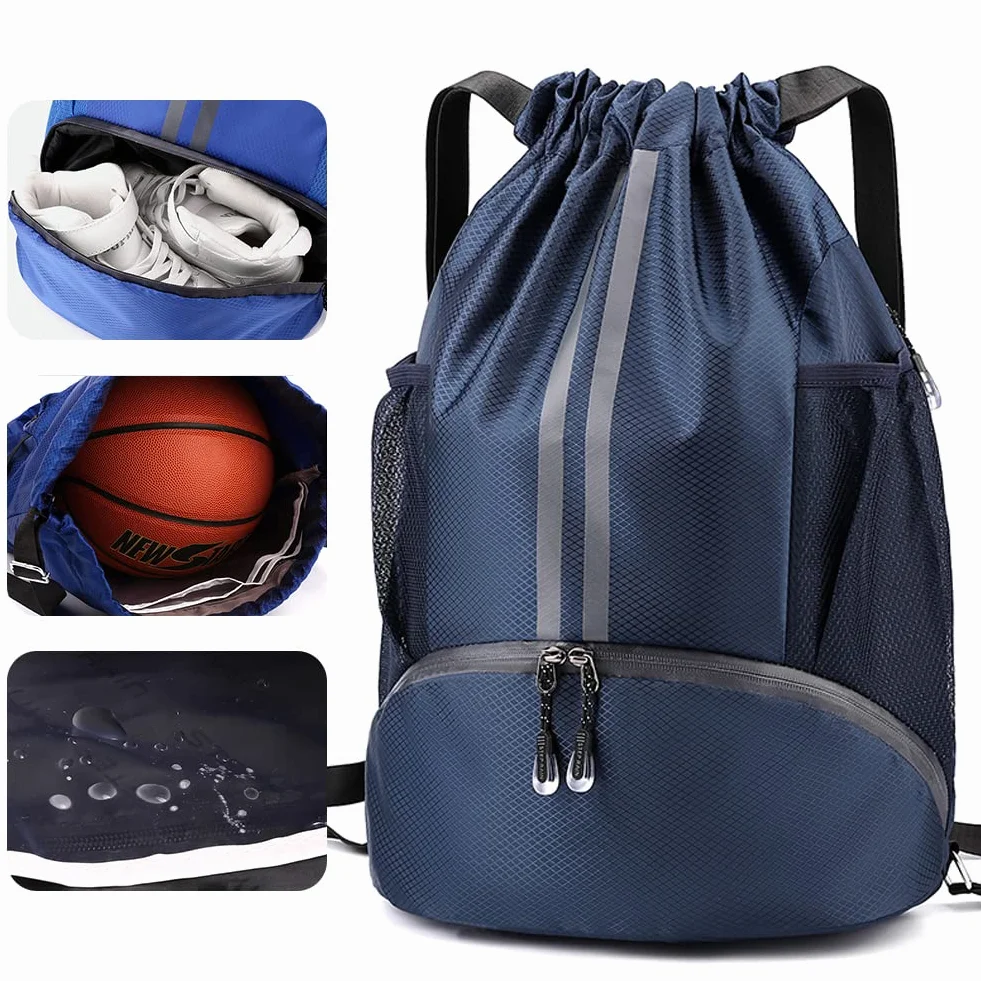 Veki Sac à Dos avec Cordon pour Homme Femme, Sac de Sport avec Compartiment Chaussures et Poche Humide, Bleu