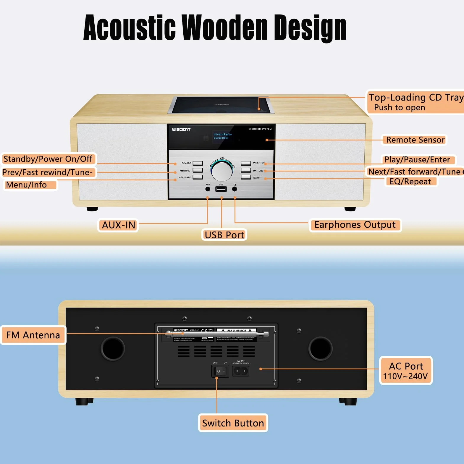 Chaine Hi-Fi Radio DAB+ Lecteur CD Bluetooth FM USB 30W Télécommande Design Rétro
