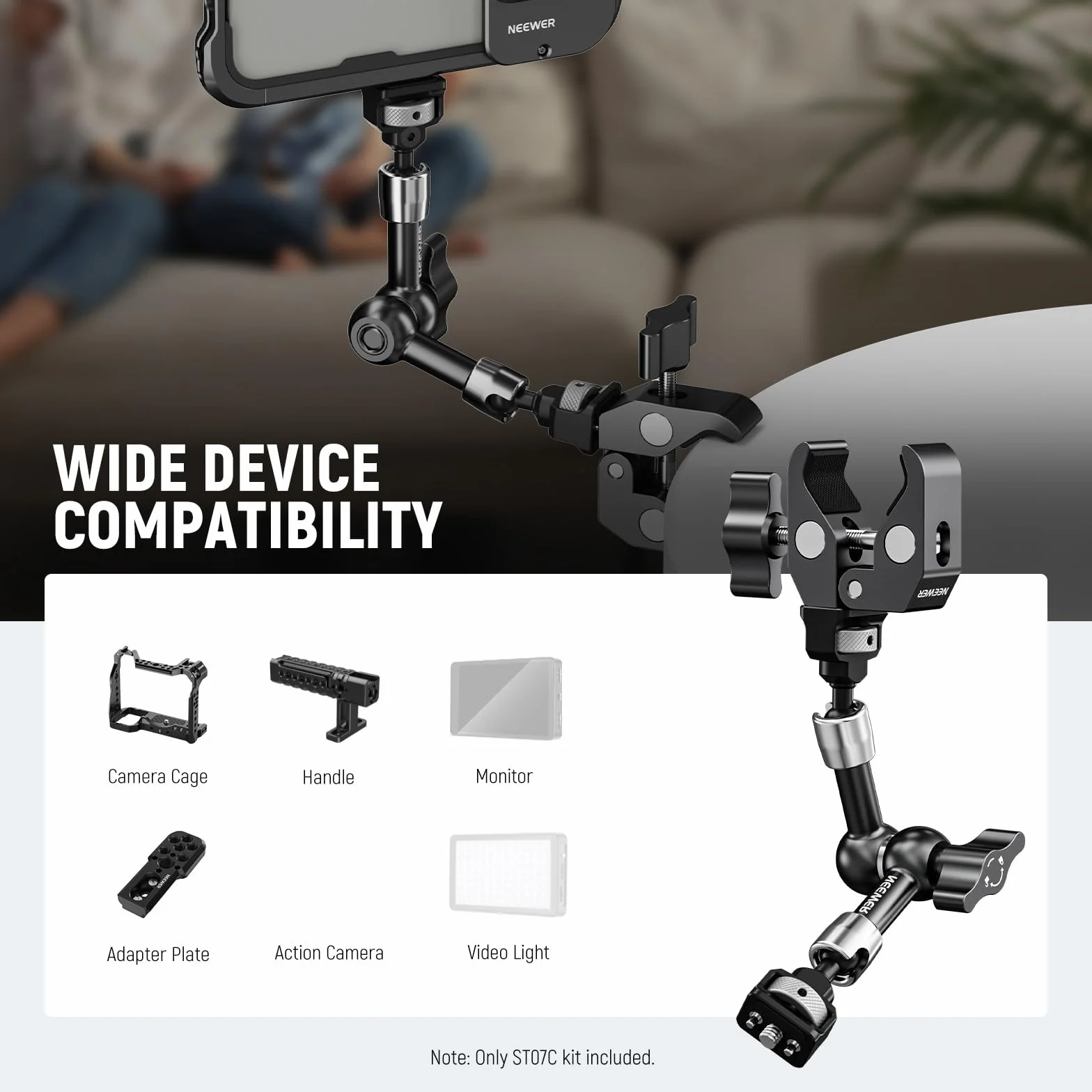 NEEWER Bras Magique Articulé 7" avec Super Pince, Support pour Moniteur Caméra avec Goupilles&Trou Positionnement Arri 1/4" 3/8" pour DSLR Action Cam Éclairage Compatible avec SmallRig Cage, ST07C