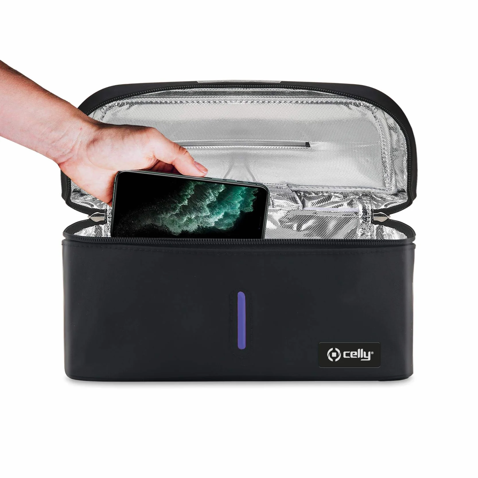 Celly Machine de stérilisation Universelle à Rayons UV (certifications), Sac désinfectant avec Rayons UV-C pour Smartphones et Accessoires, tablettes jusqu'à 8", Montres, Masques, Gants.