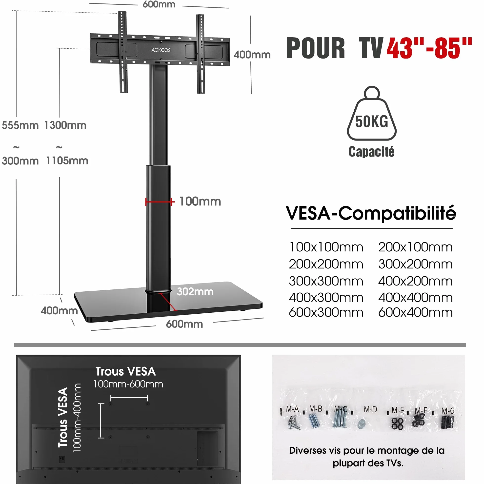 AOKCOS Support TV sur Pied Plus Haut 1,6m pour 43-85 Pouces,Pied pour TV Pivotant 50° Inclinable 12° Hauteur Réglable Max VESA 600x400mm Max Capacité 50 KG (Noir)