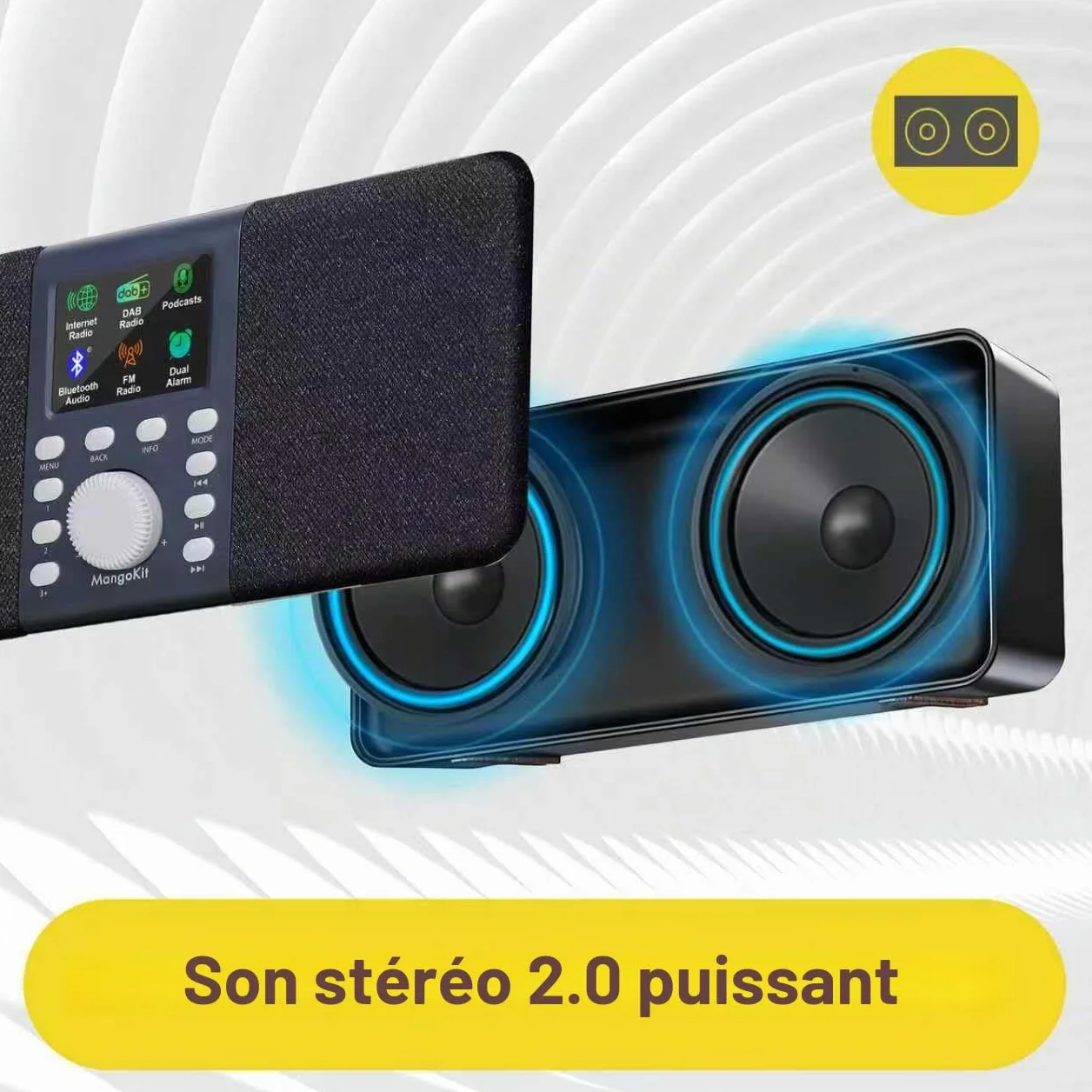 SR20 Radio Internet Stéréo avec Radio Numérique Dab/Dab+,WiFi avec Lecteur de Podcasts,Intelligente avec Bluetooth,FM,de Cuisine Secteur et Batterie,écran Couleur,Alarmes Doubles-Noir