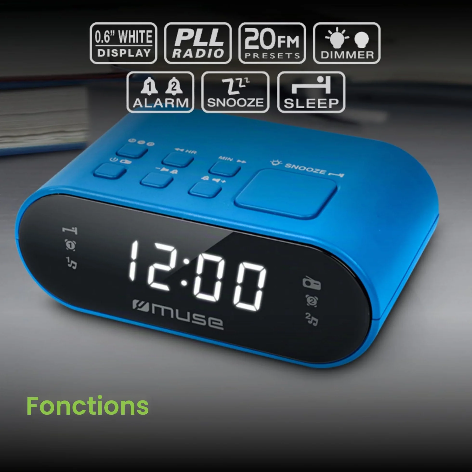 Muse M-10 BL Radio-réveil avec écran LED, 20 stations mémorisables Bleu