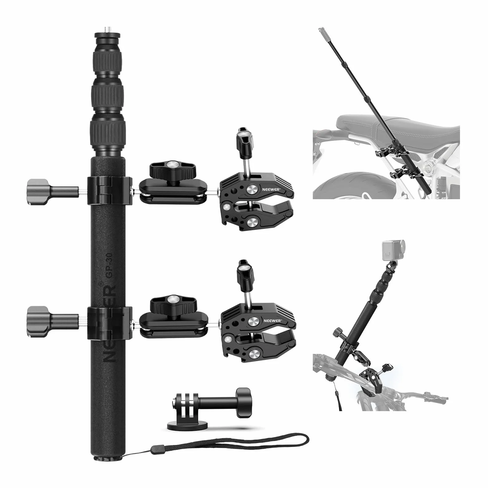 NEEWER Kit d'accessoires de montage de moto compatible avec GoPro Insta360 DJI, guidon de vélo invisible, support à double pince avec adaptateur de caméra d'action pour enregistrement vidéo POV, GP-30